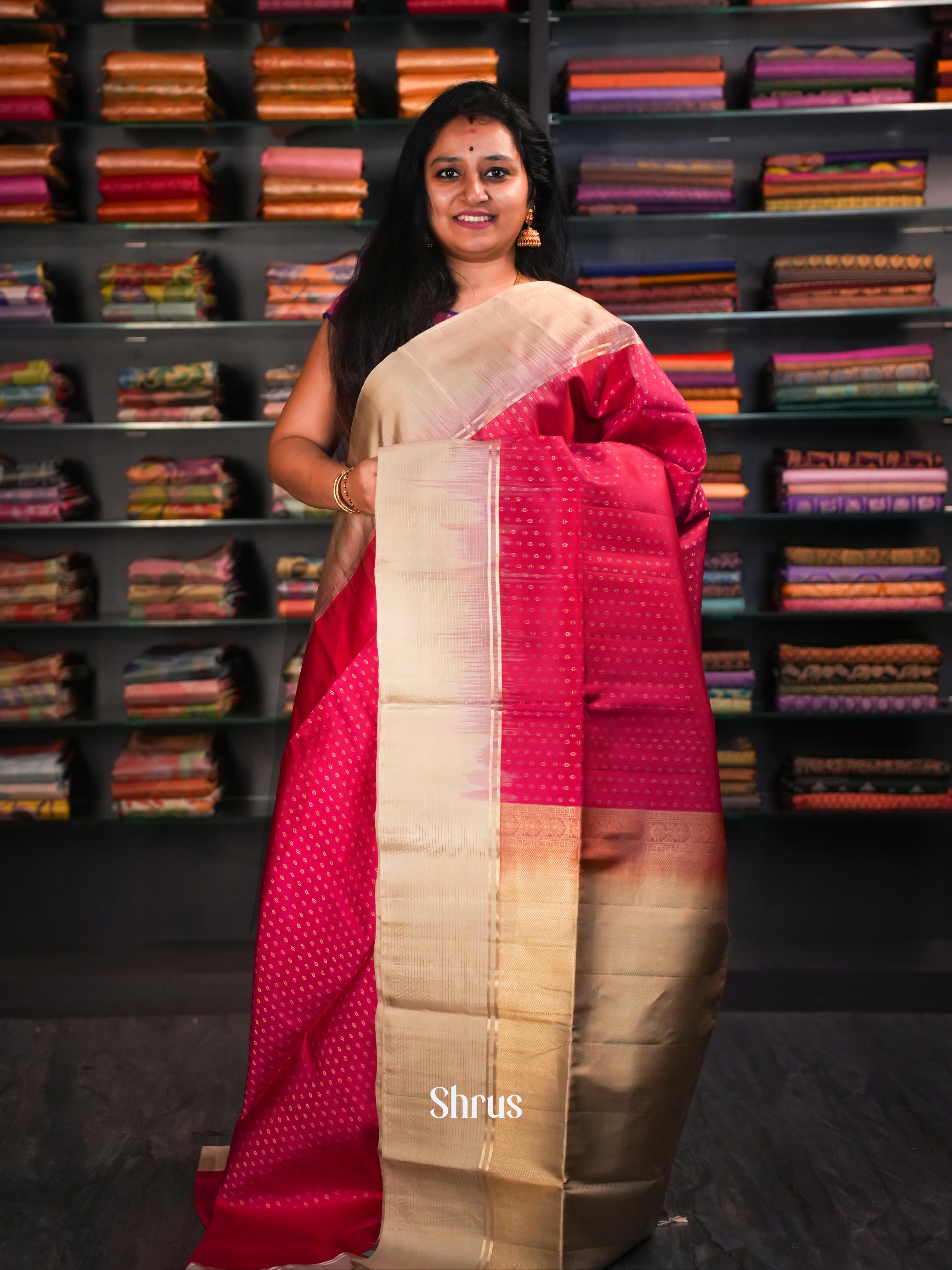 Rosy Red & Cream   - Soft Silk Saree