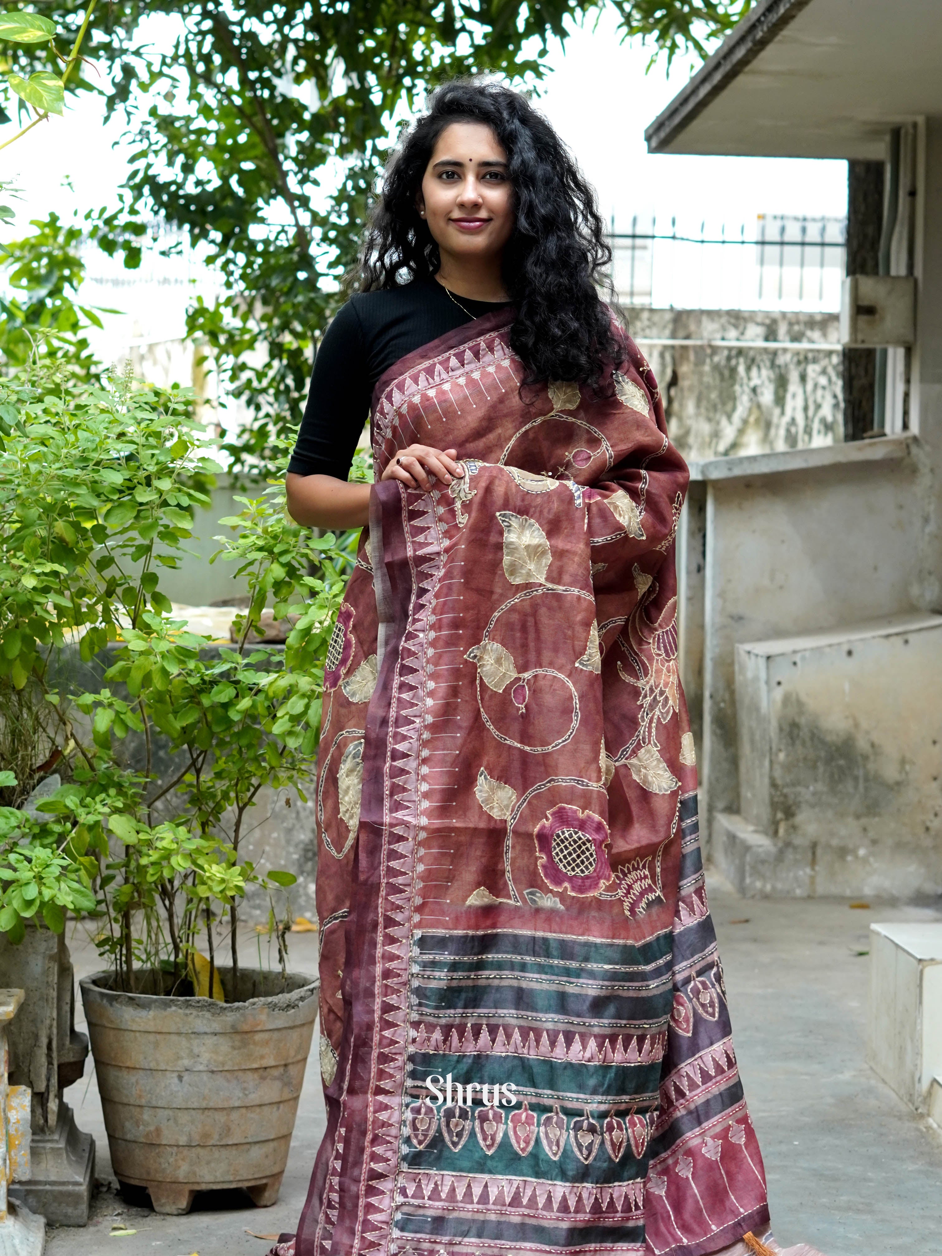 Brown & Green - Semi Kantha Saree