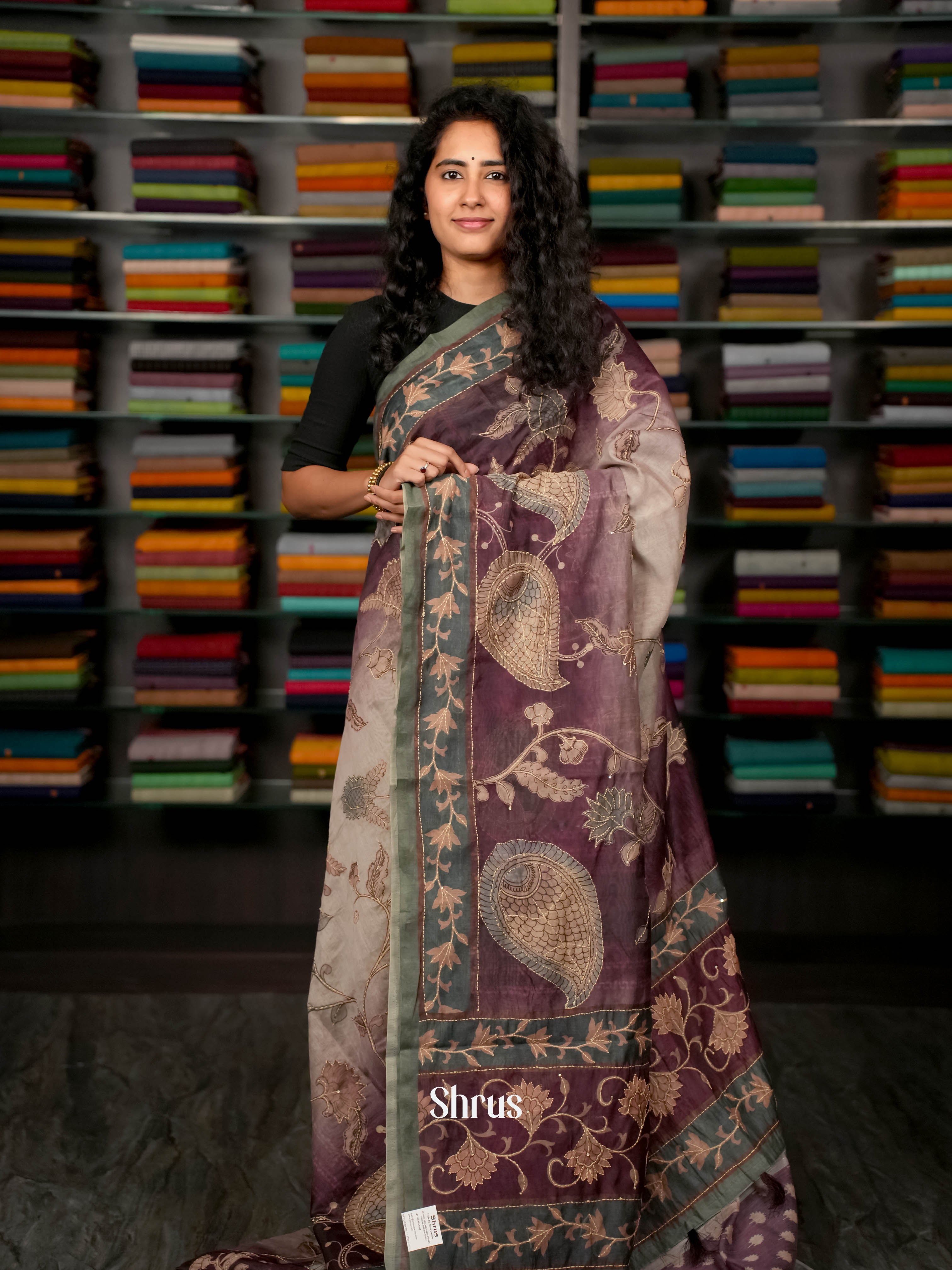 Grey & Wine - Semi Kantha Saree