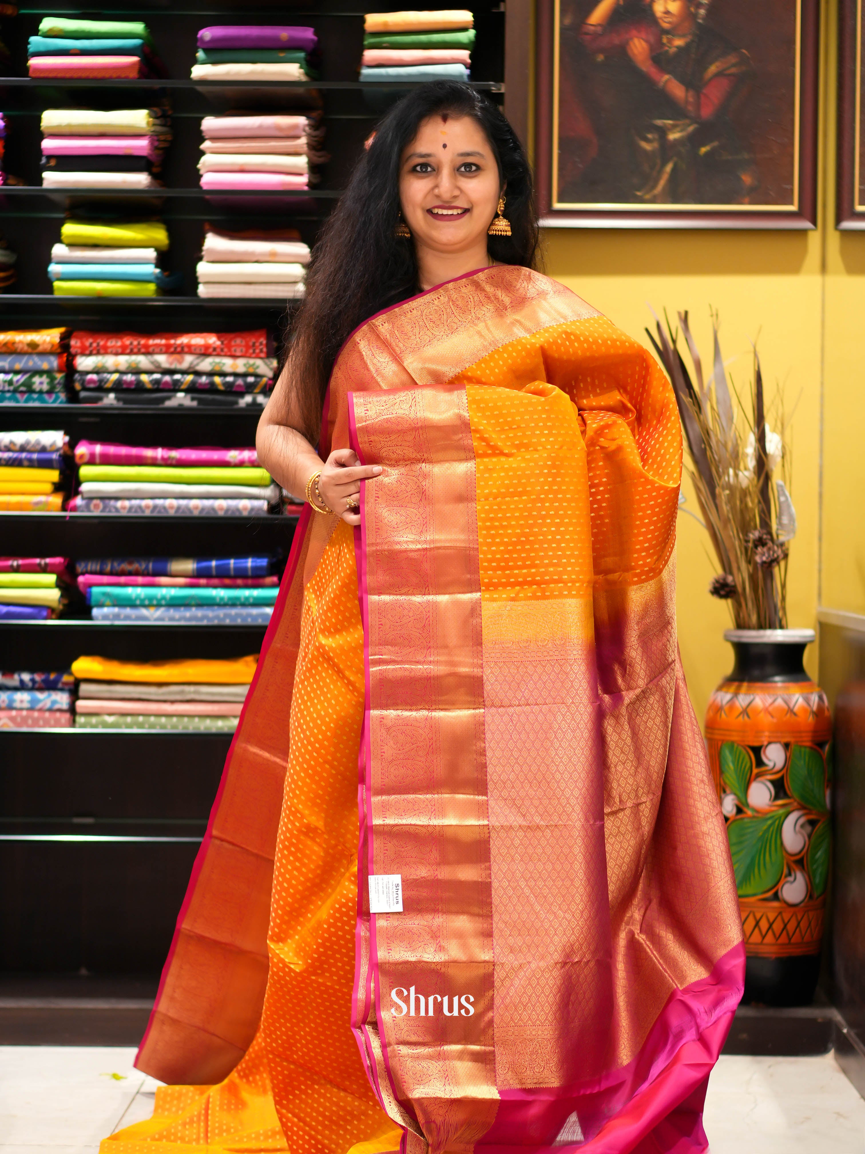 Orange & Majenta - Kanchipuram halfpure Saree