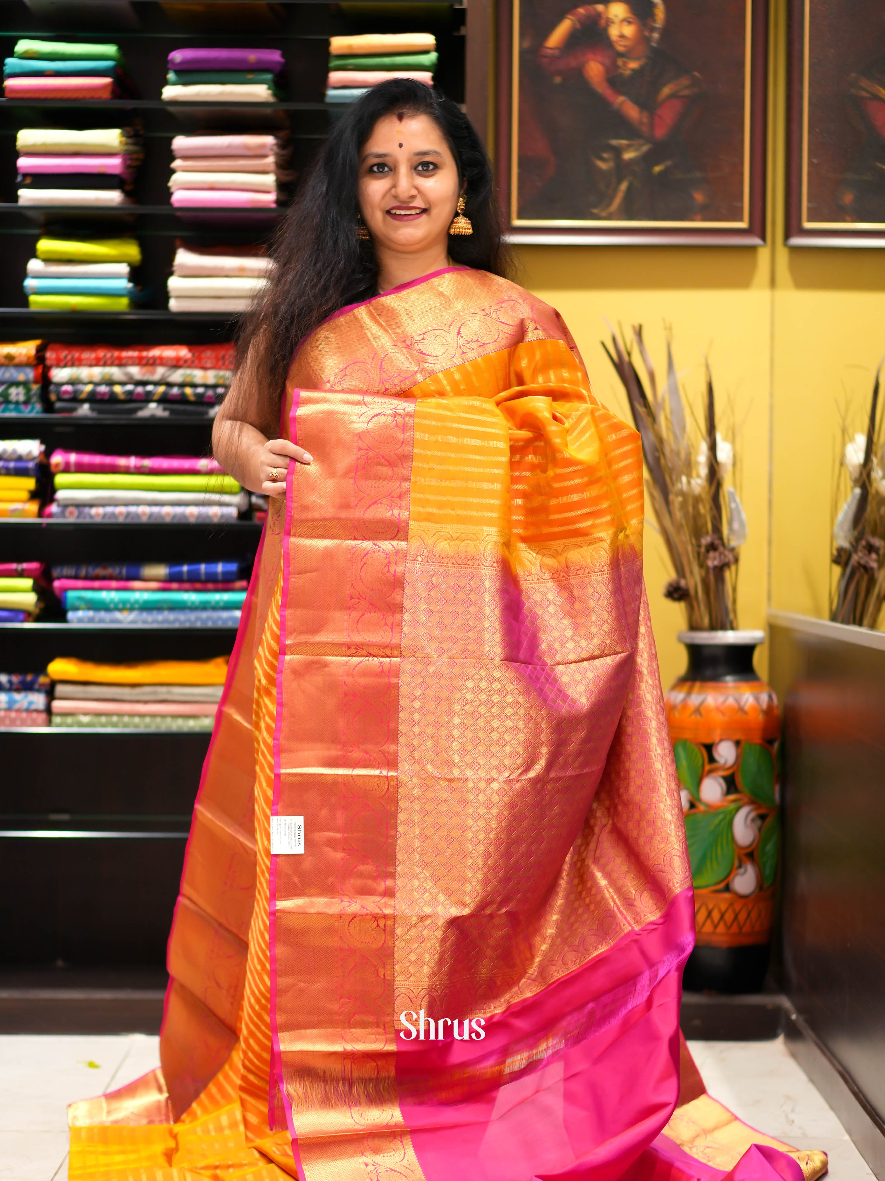 Orange & Pink - Kanchipuram halfpure Saree