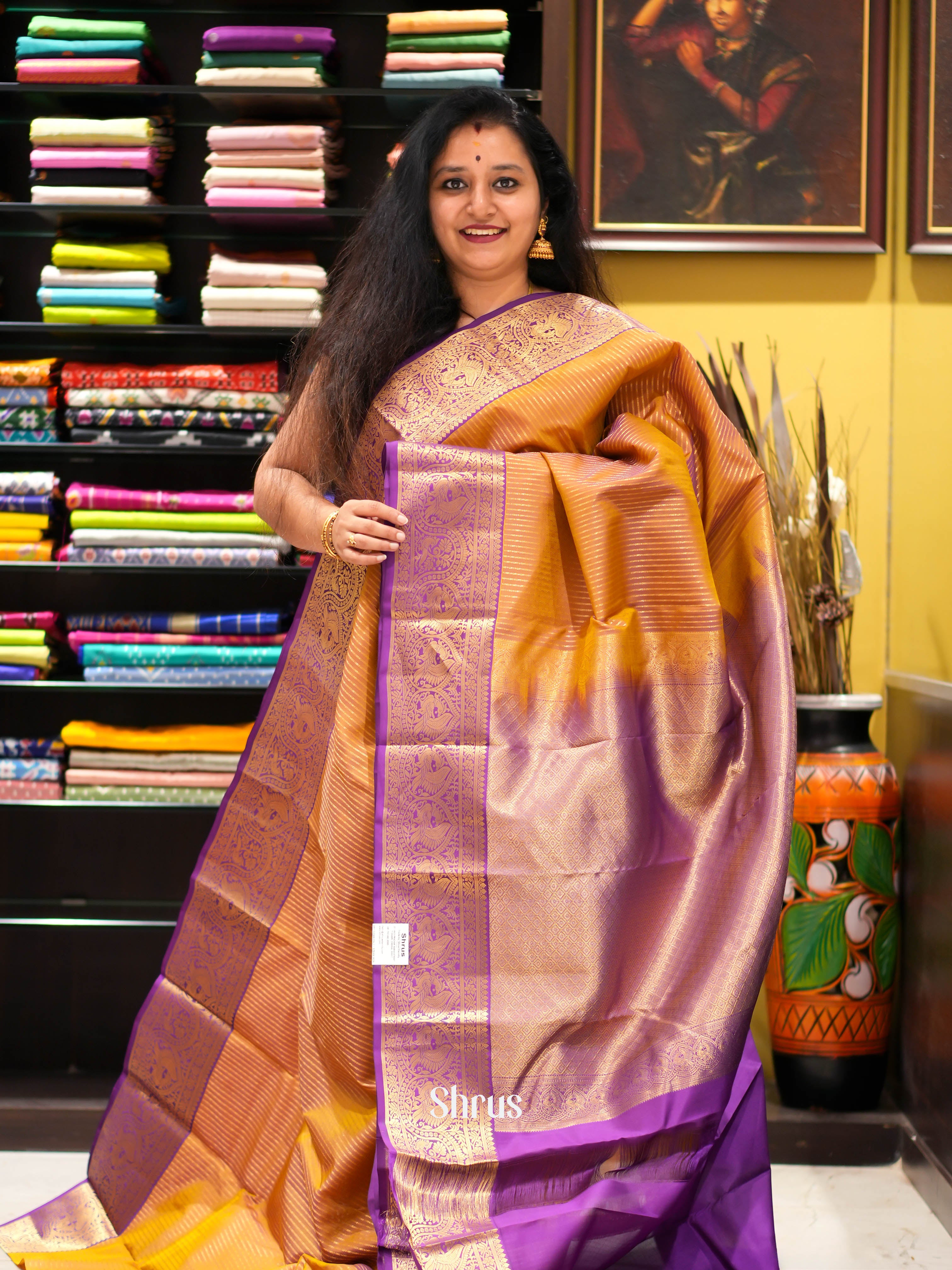 Golden brown & Violet- Kanchipuram halfpure Saree