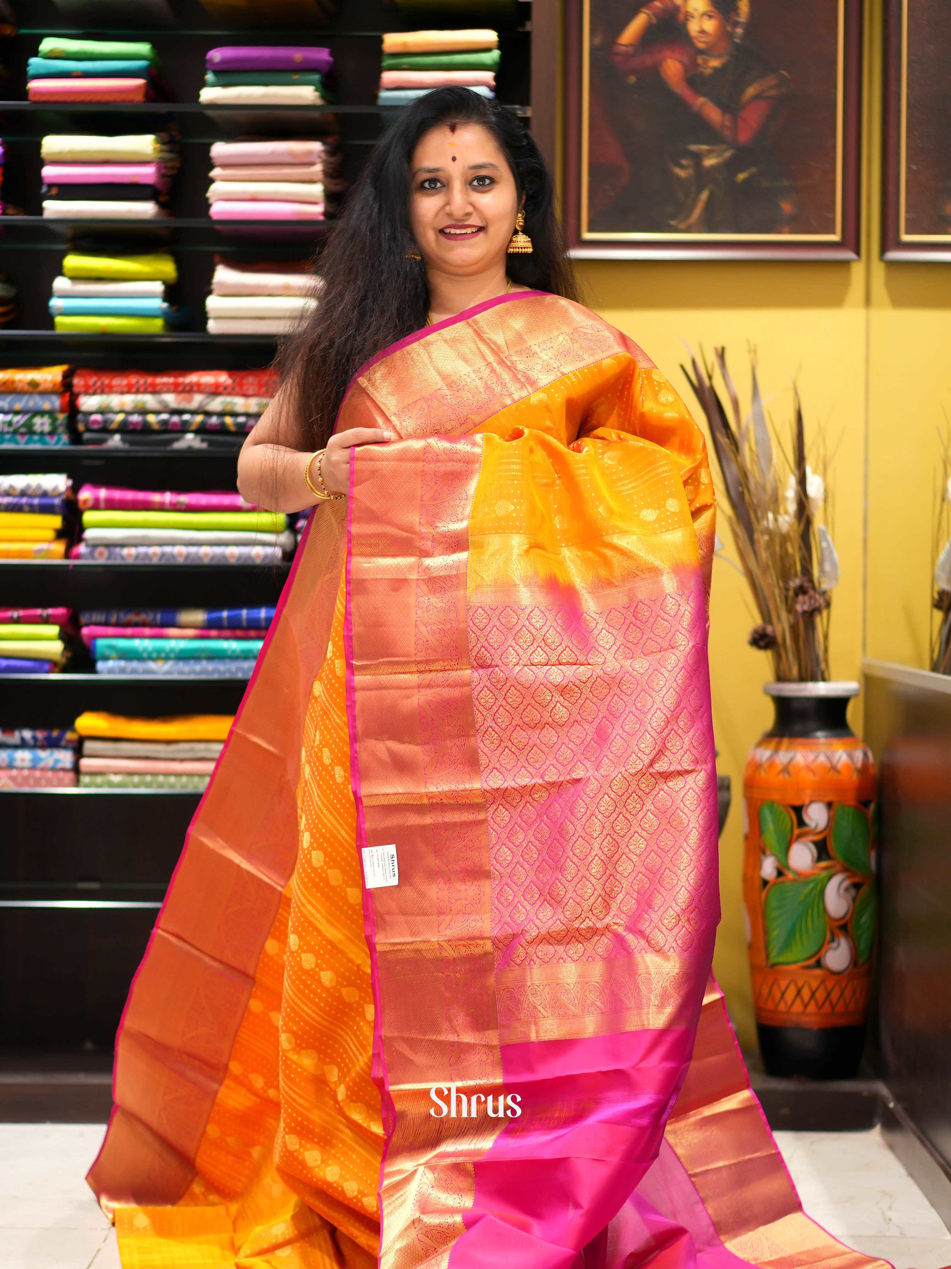 Orange & Pink- Kanchipuram halfpure Saree