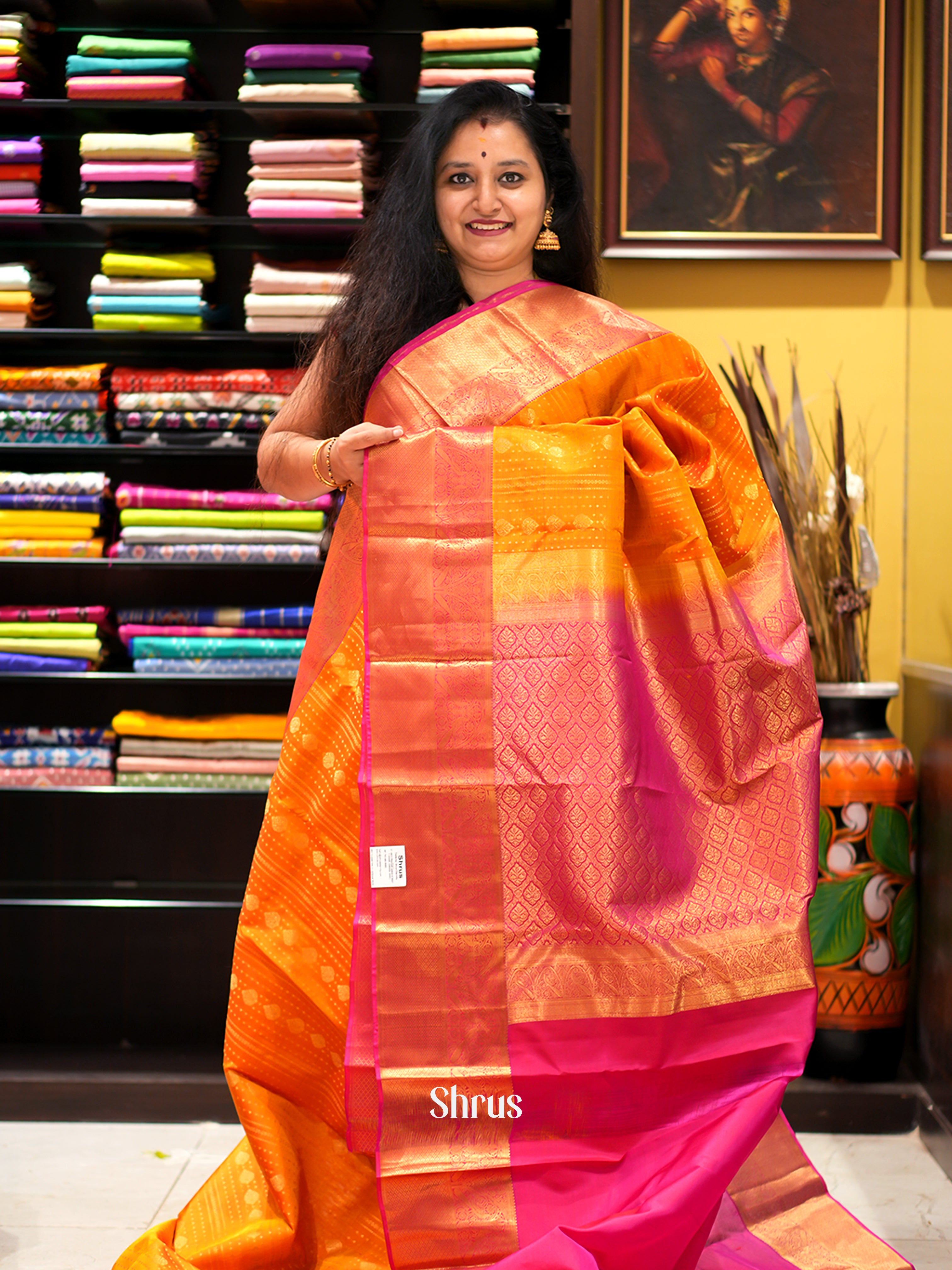 Orange & Pink- Kanchipuram halfpure Saree