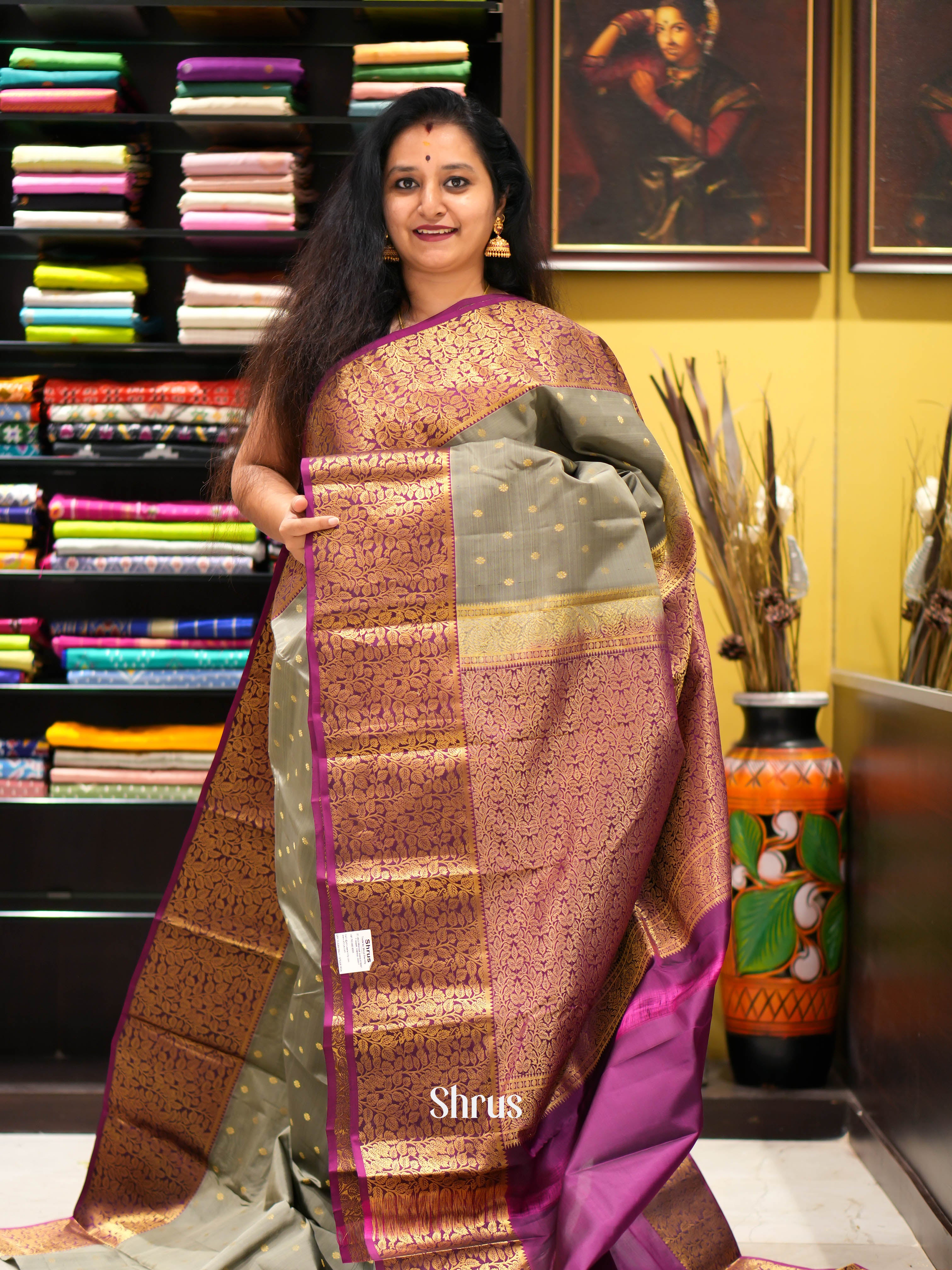 Grey & Purple - Kanchipuram halfpure Saree