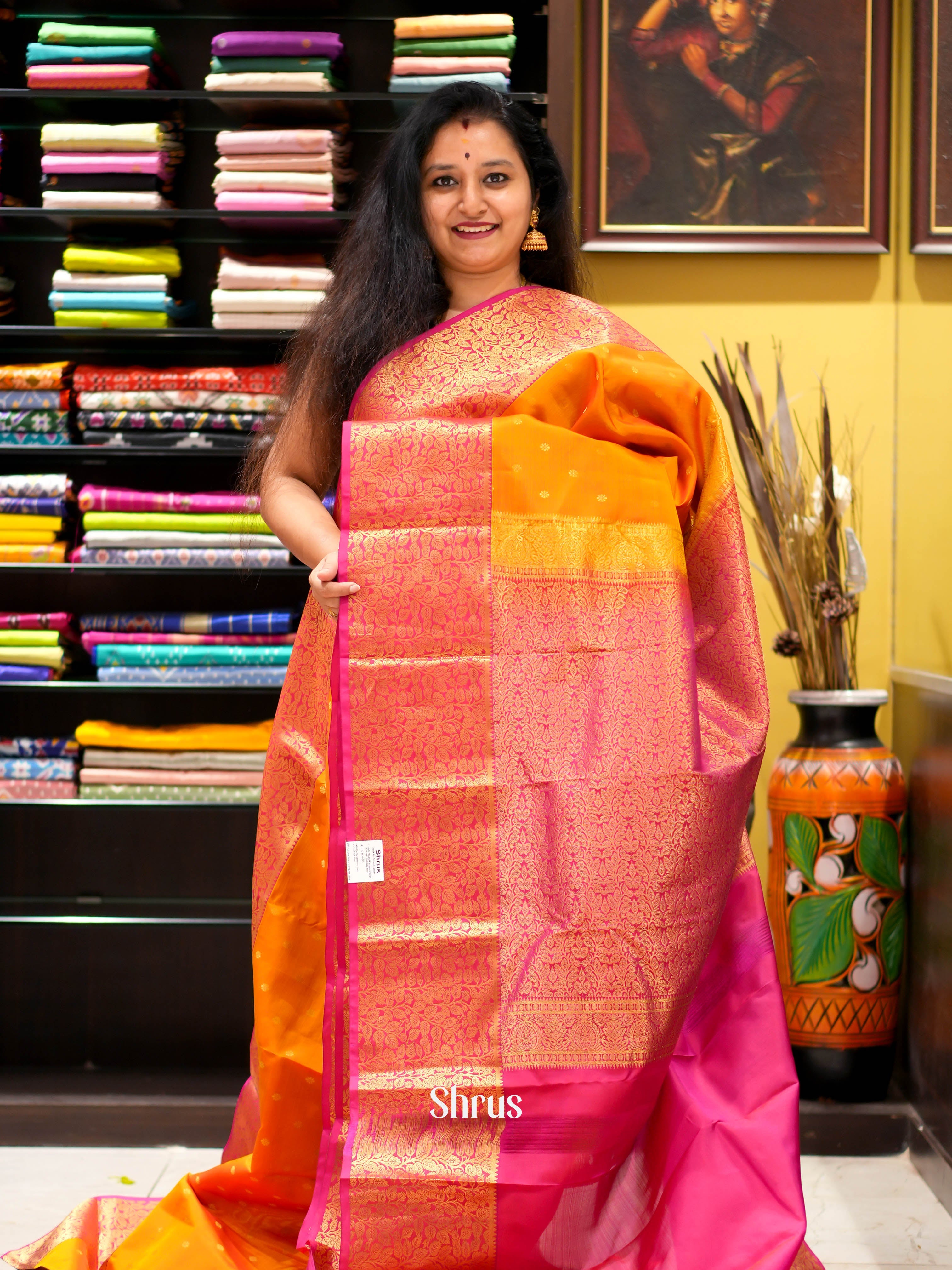 Orange & Pink - Kanchipuram halfpure Saree