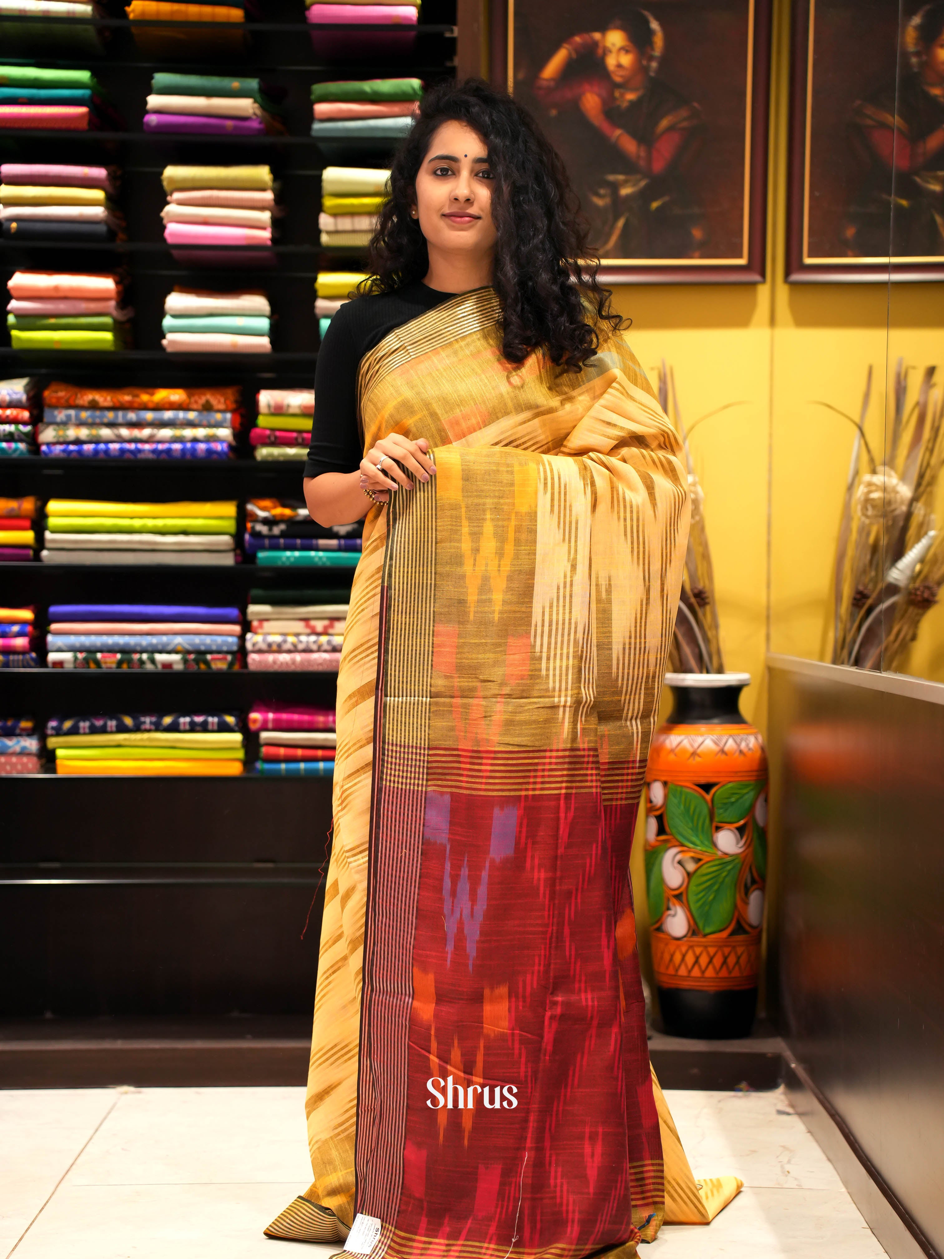 Yellow & Red - semi ikkat Saree