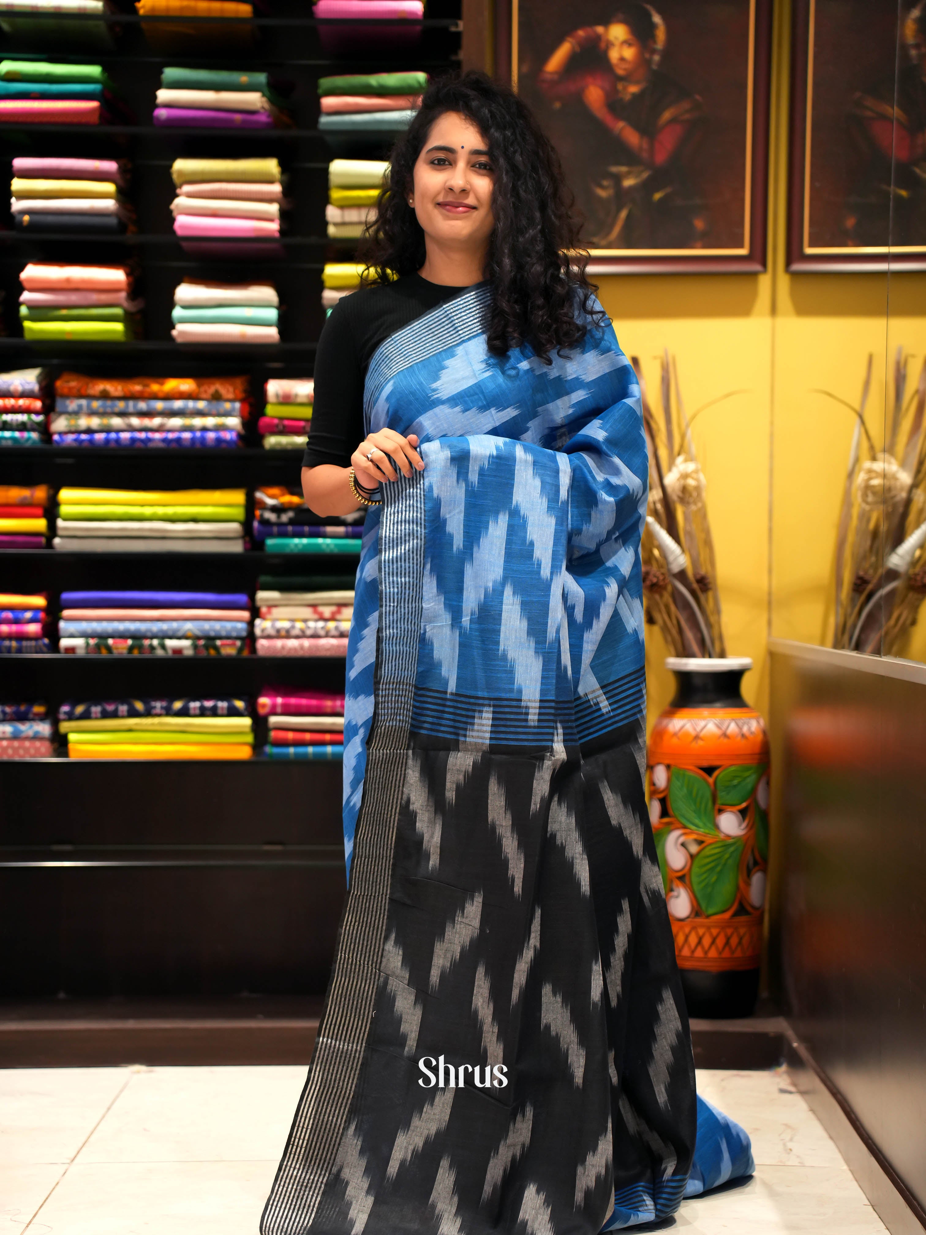 Blue & Black - Semi ikkat Saree