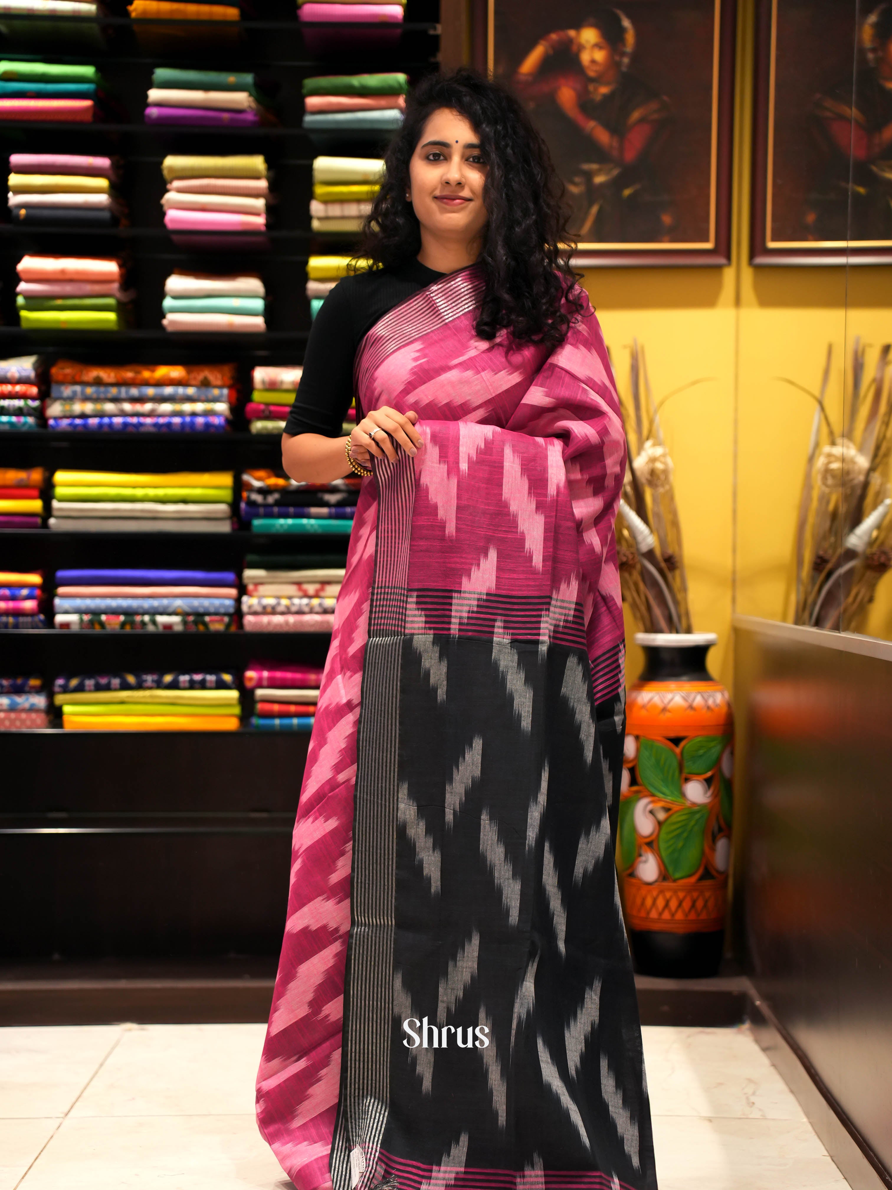 Pink & Black - Semi ikkat Saree