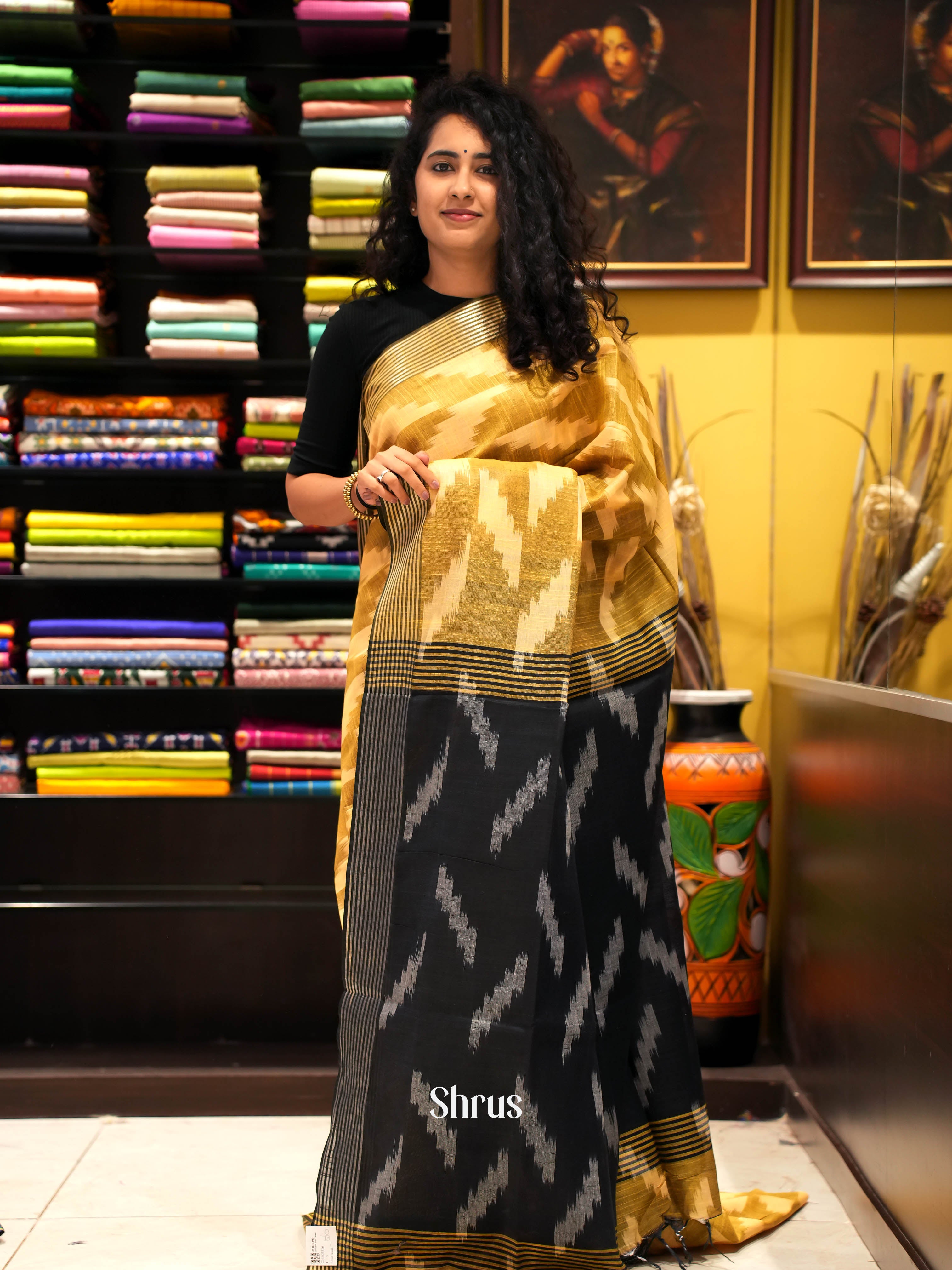 Mustard & Black - Semi ikkat Saree