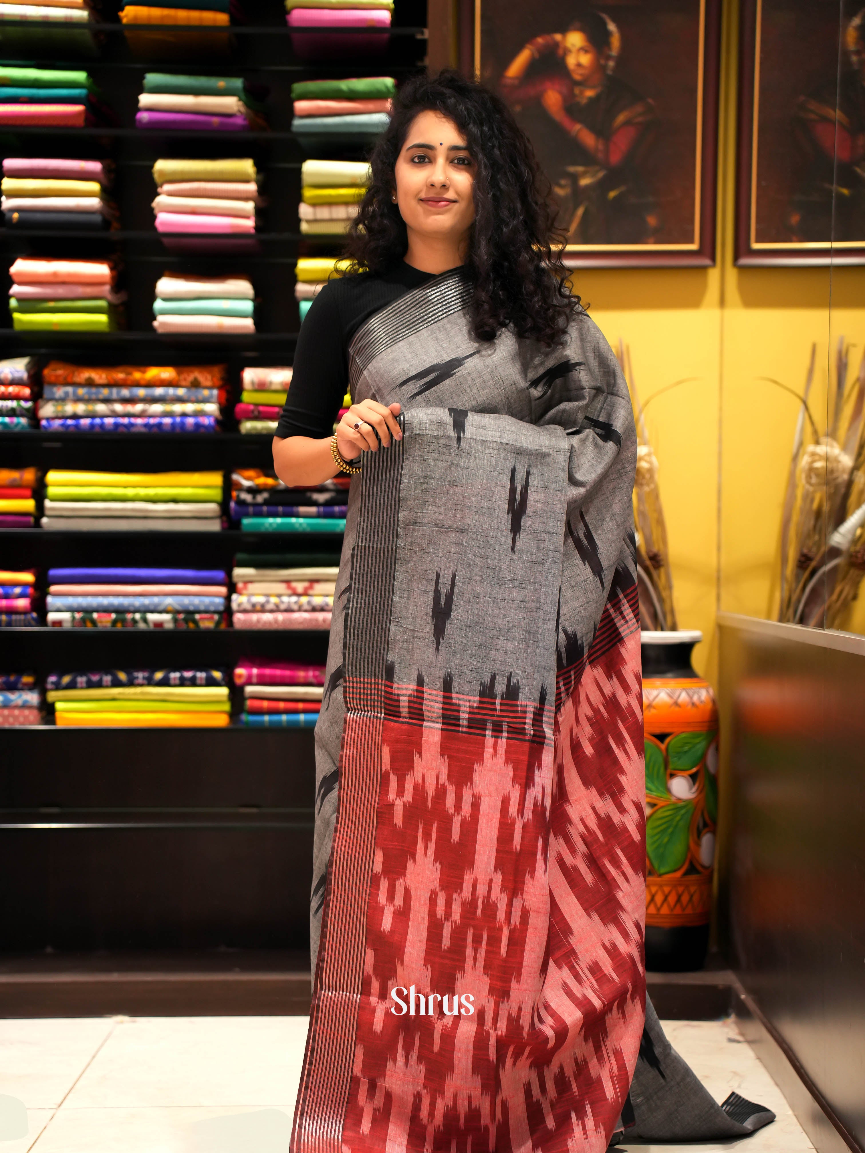 Grey & Pink - semi ikkat Saree