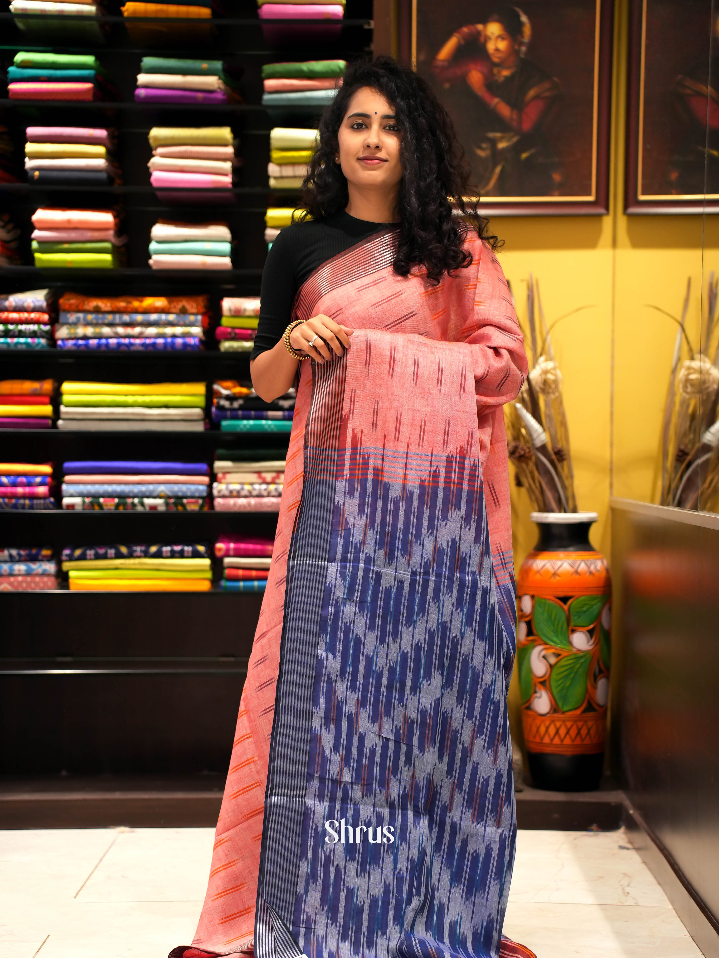 Peach &  Blue - semi ikkat Saree