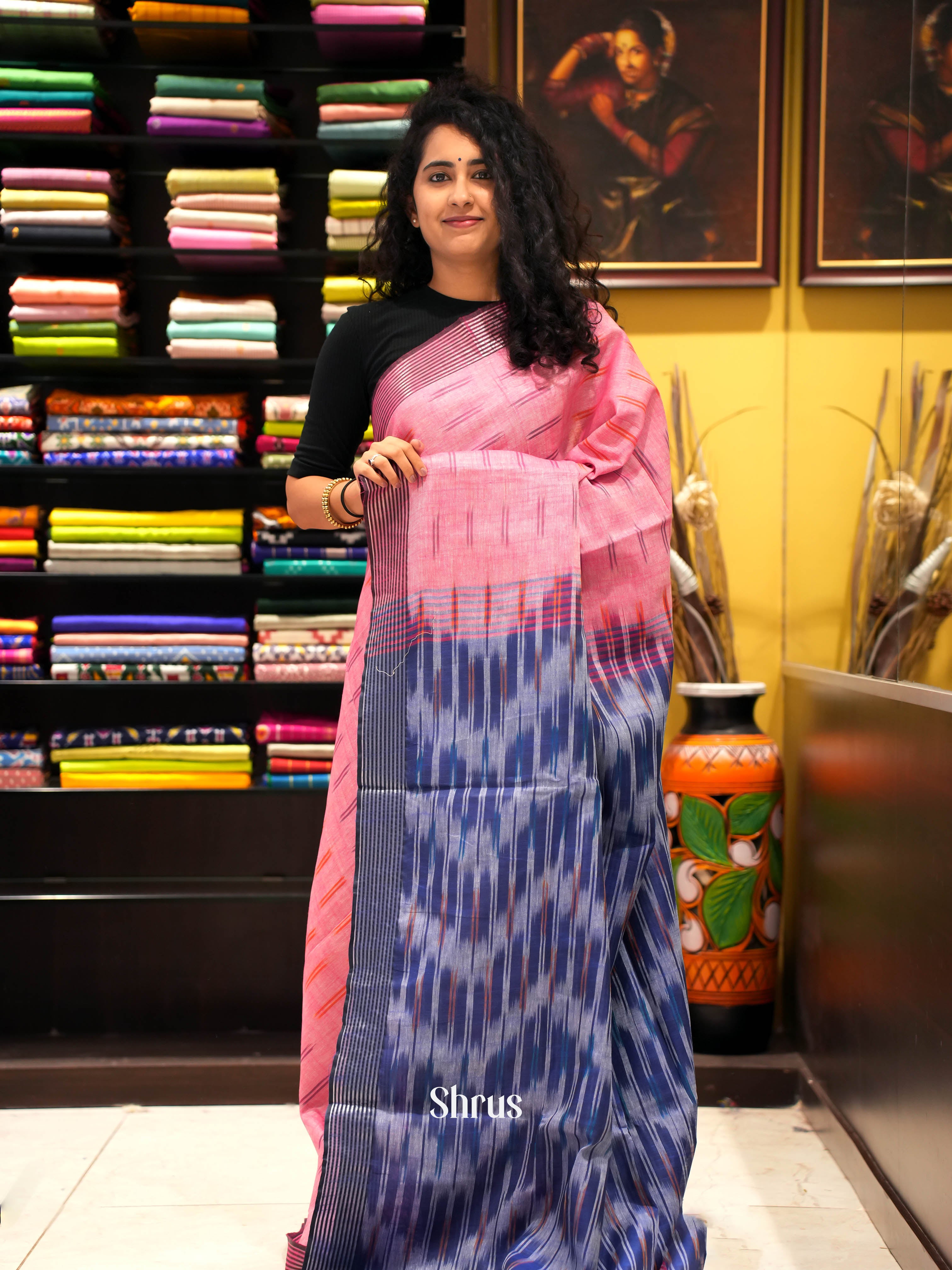 Pink & Blue - semi ikkat Saree