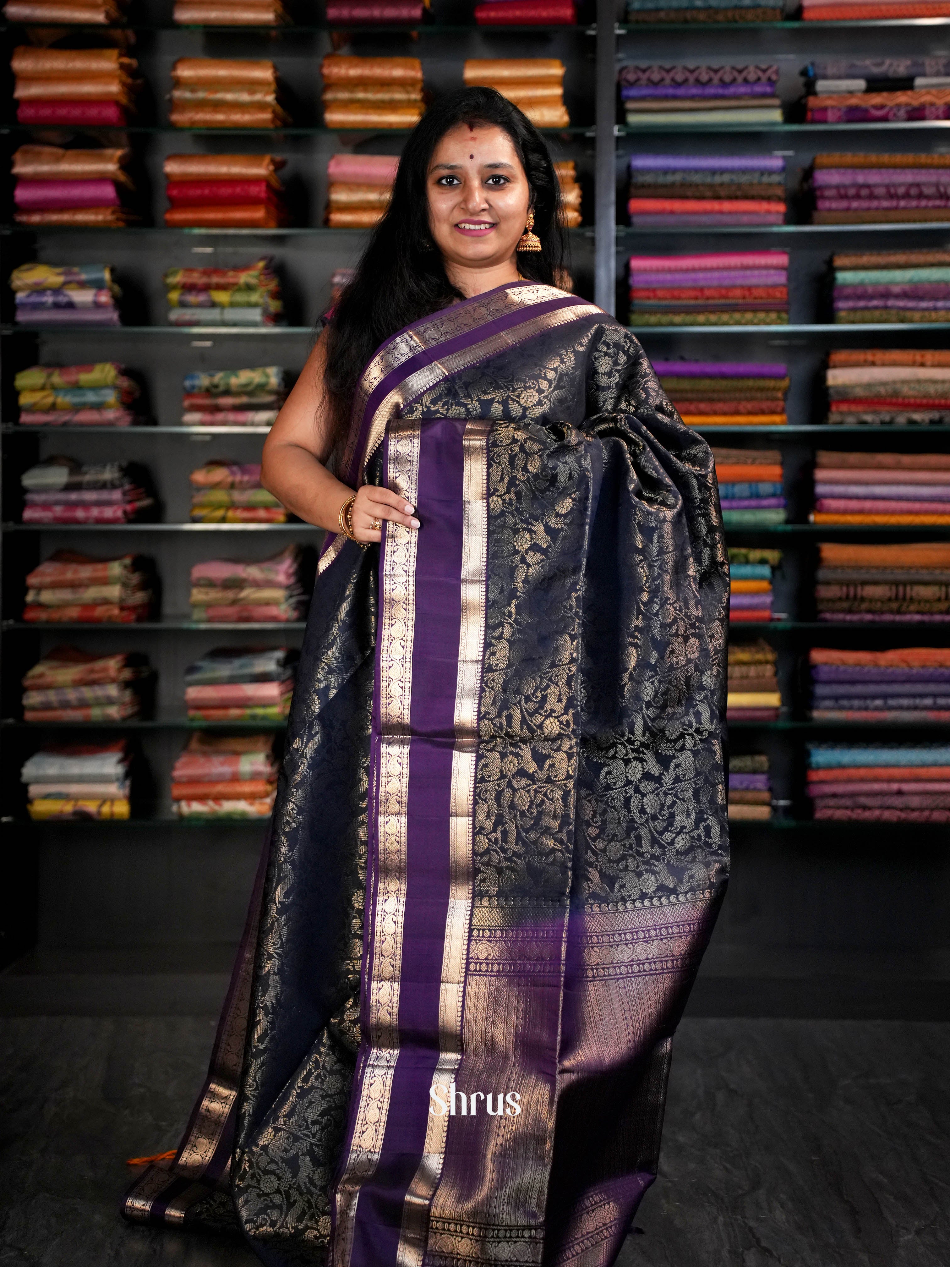 Navy Blue & Violet - Soft Silk Saree