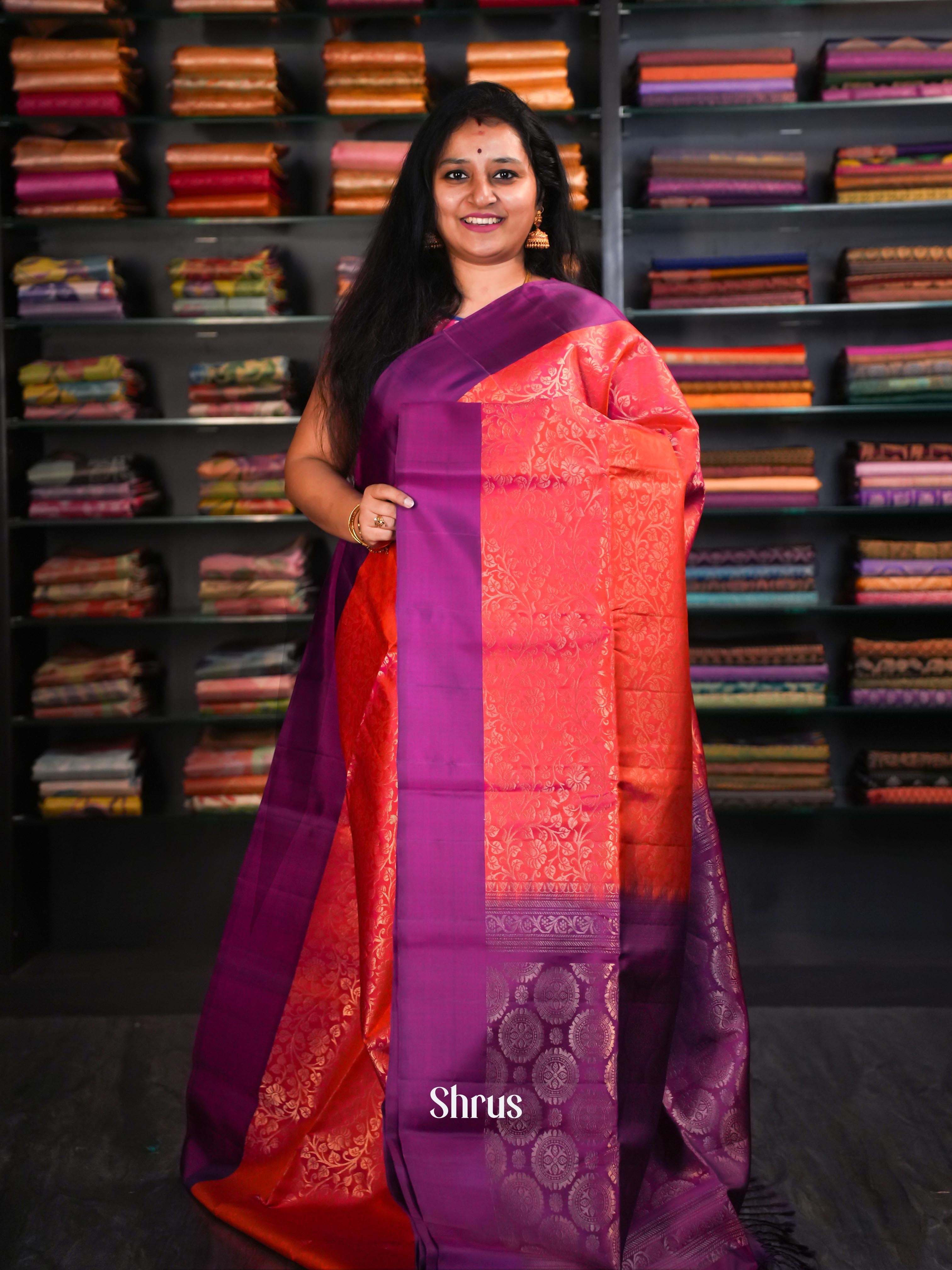 Double  Shaded Peachy Orange & Purple Red  - Soft Silk Saree