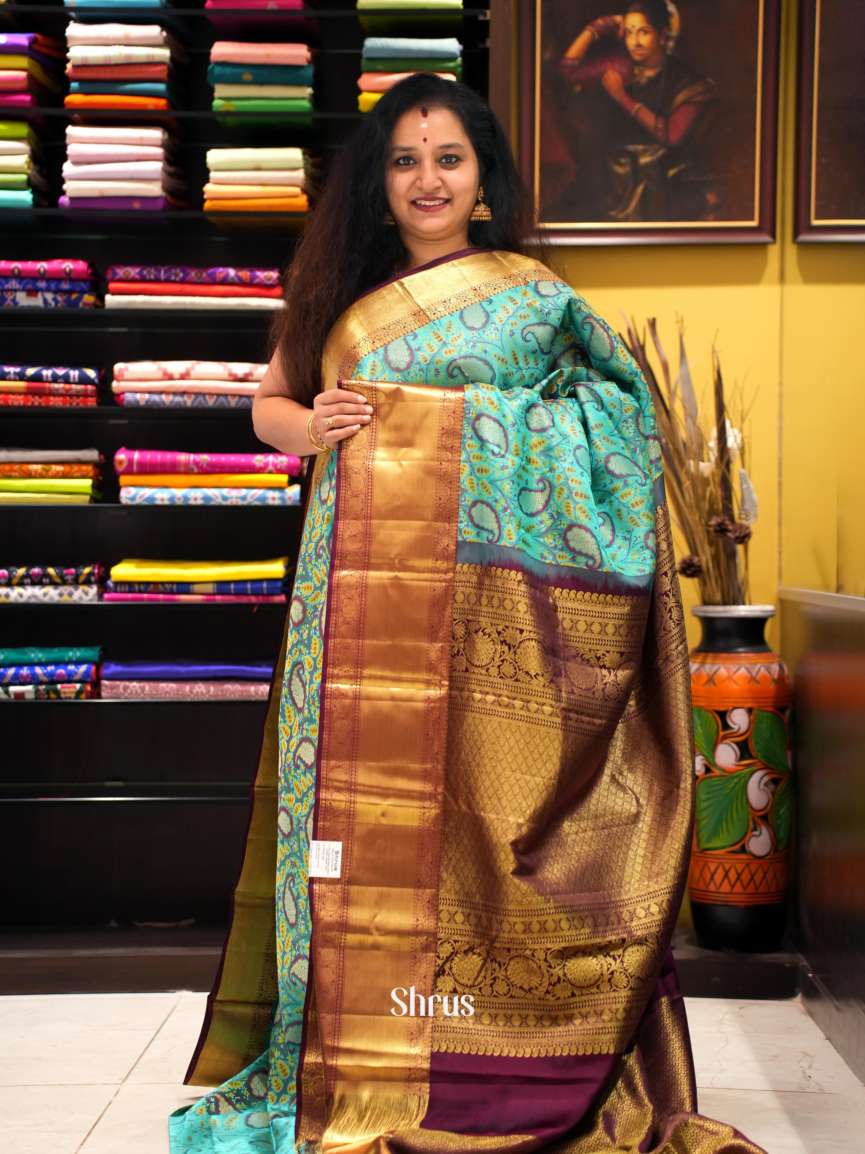 Teal & Wine - Kanchipuram silk Saree