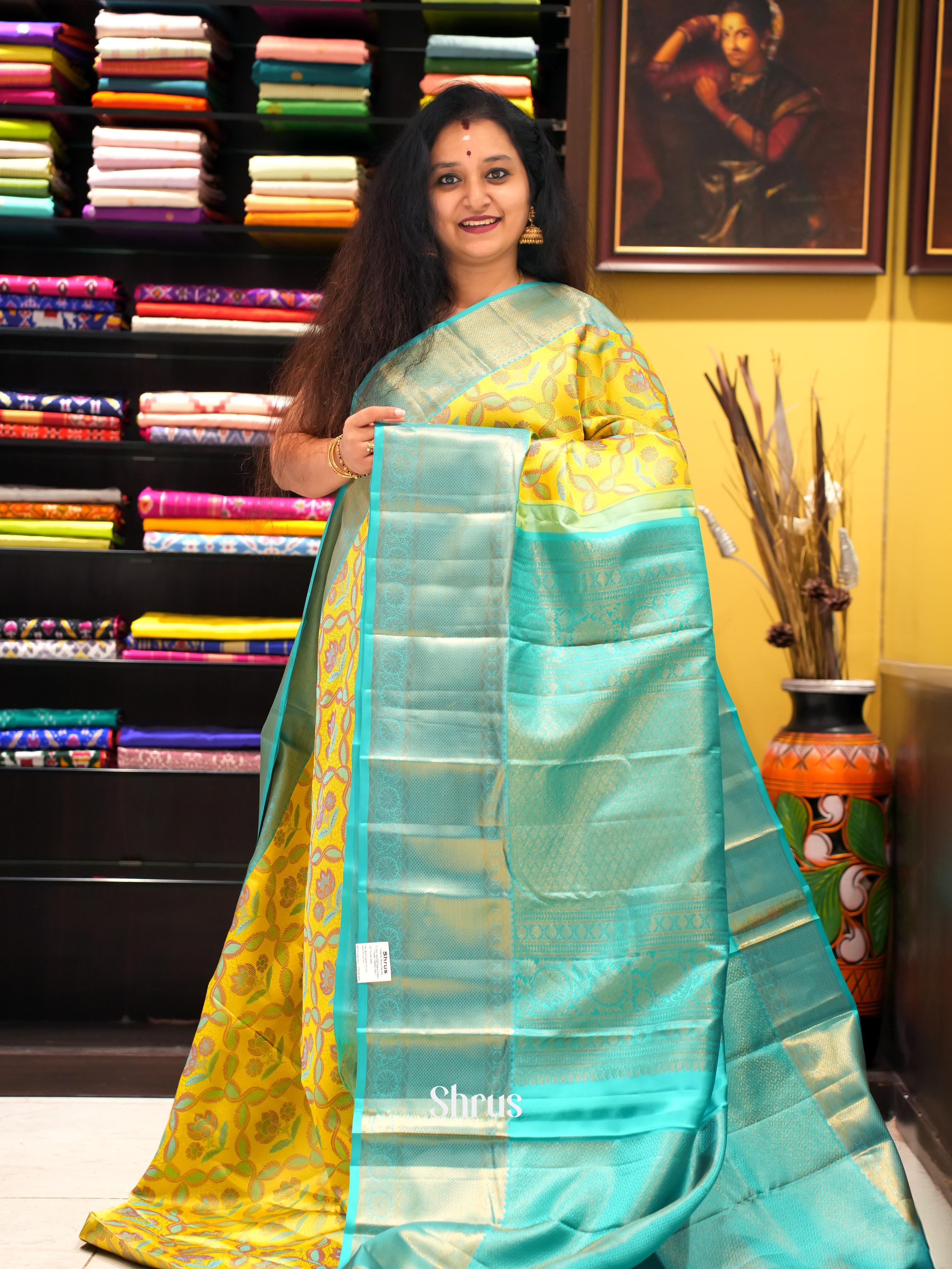 Yellow & Teal - Kanchipuram silk Saree