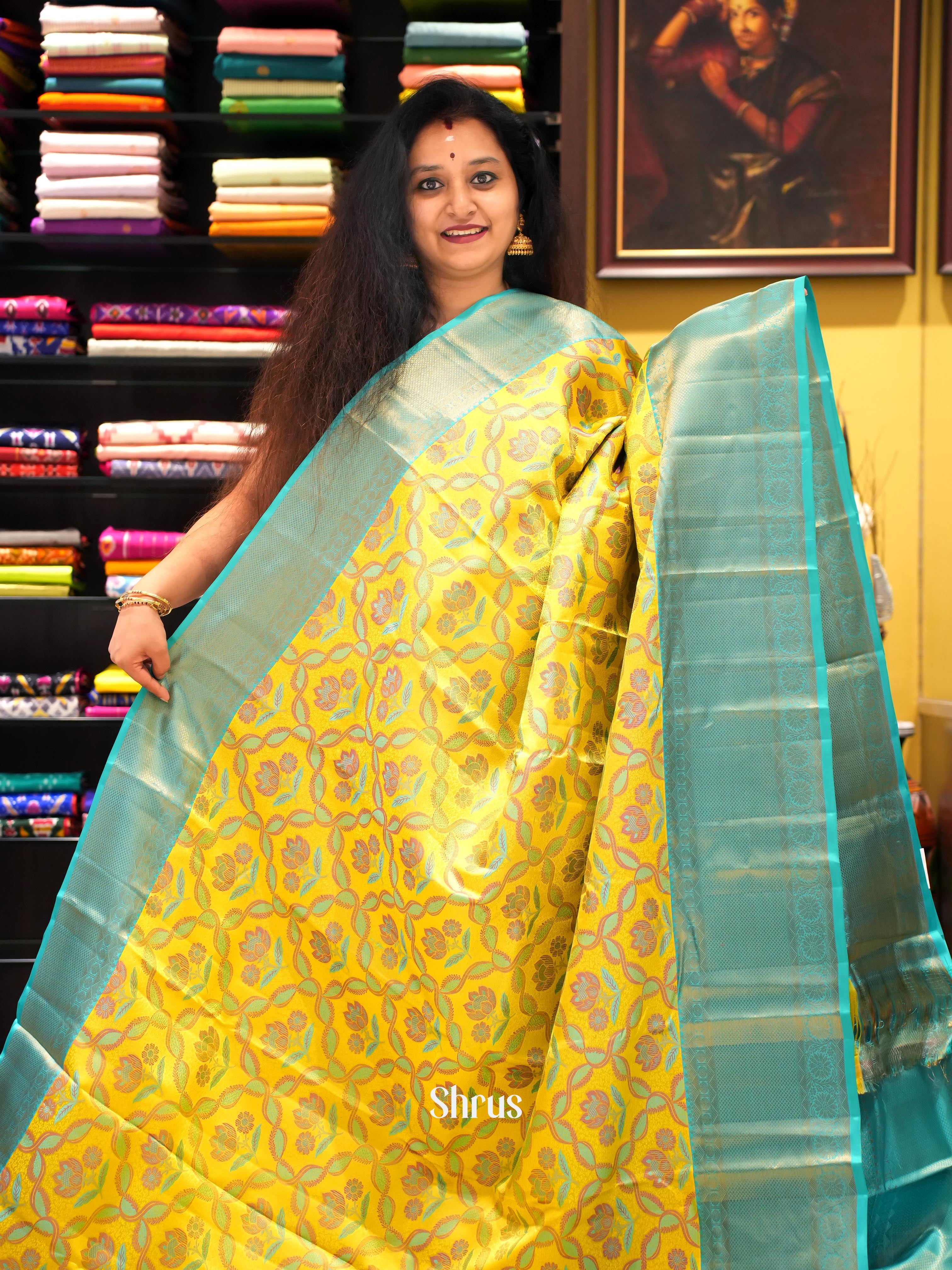 Yellow & Teal - Kanchipuram silk Saree