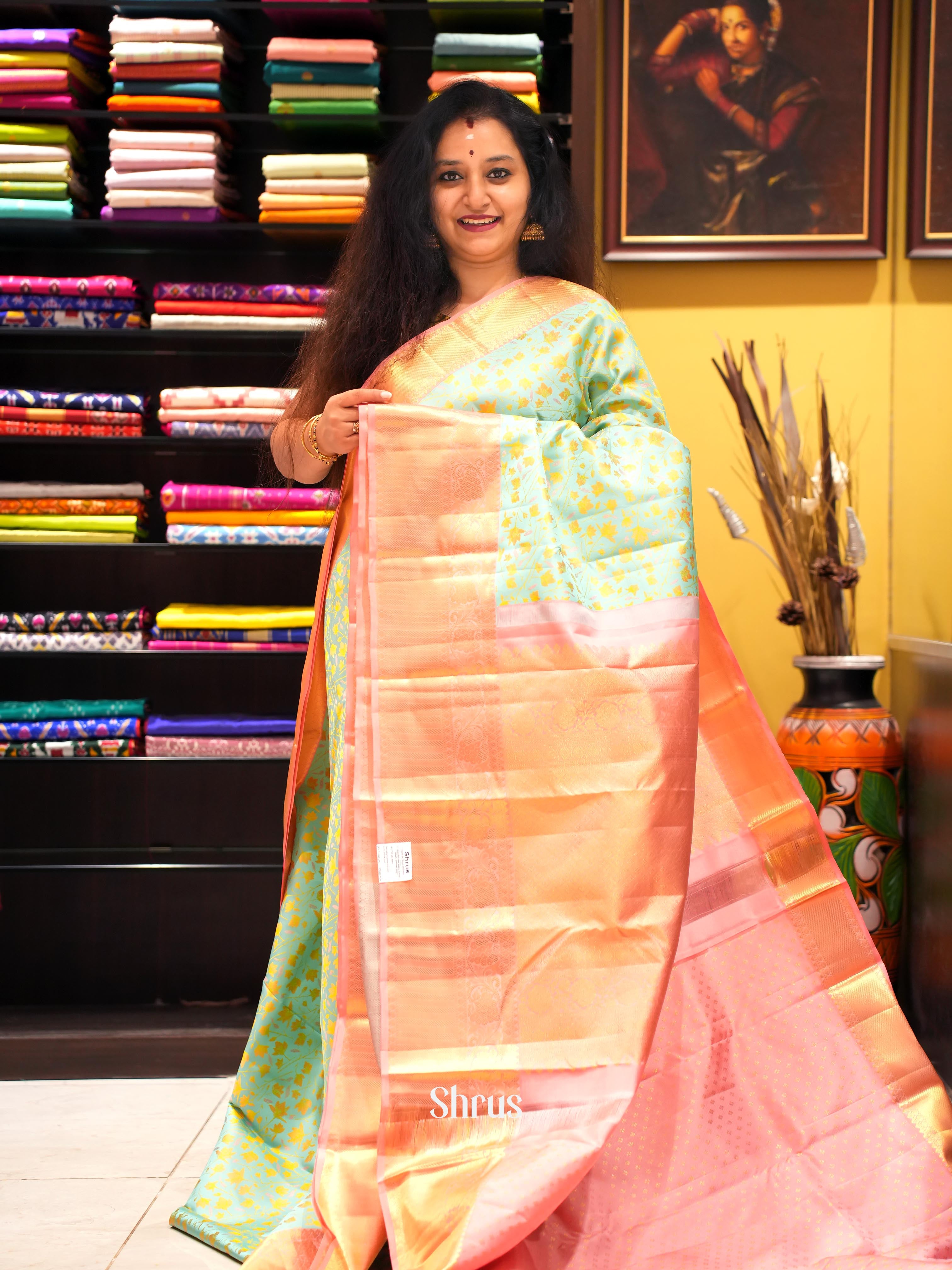 Pista Green & Pink - Kanchipuram silk Saree