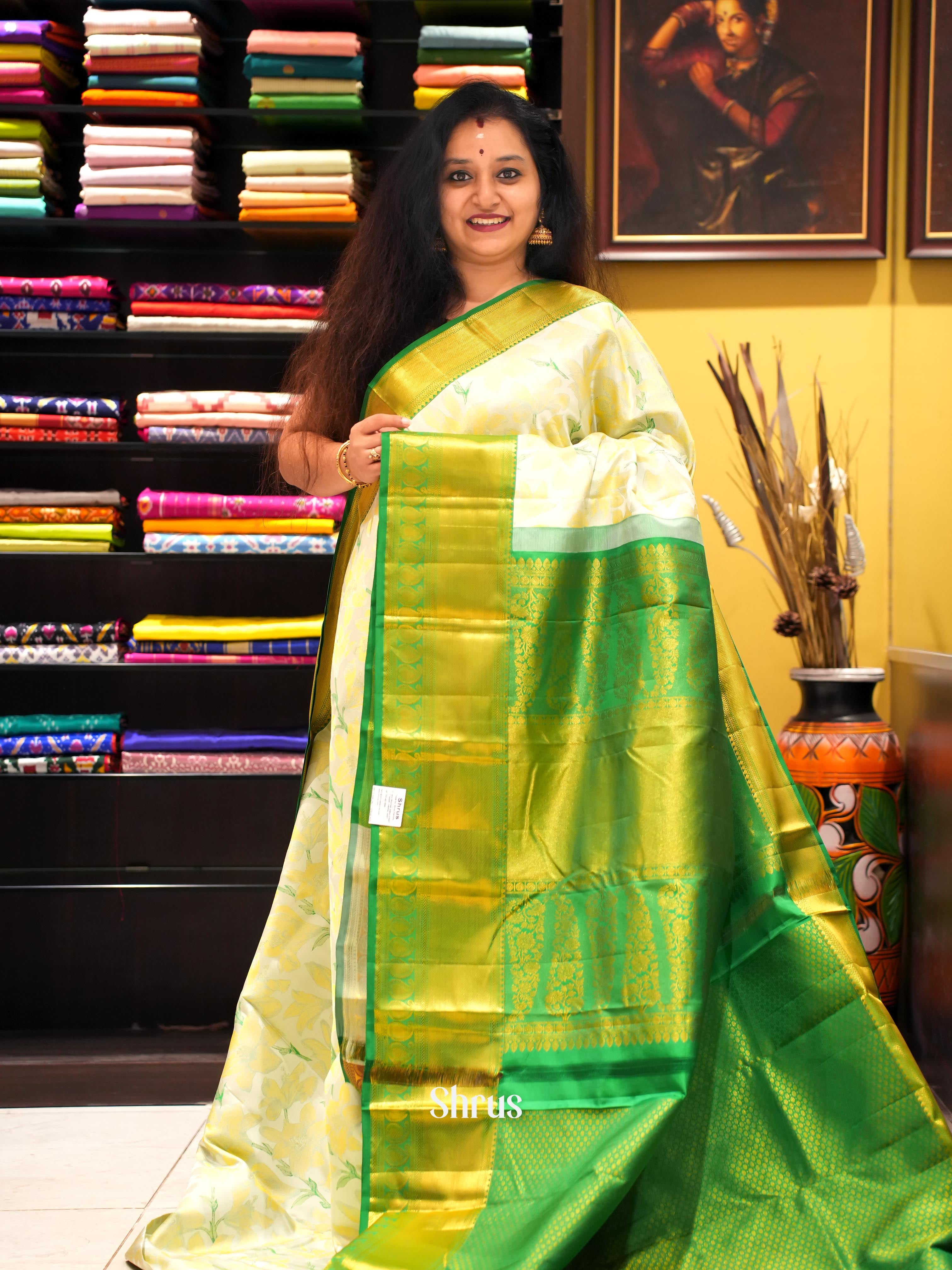 Cream & Green - Kanchipuram silk Saree