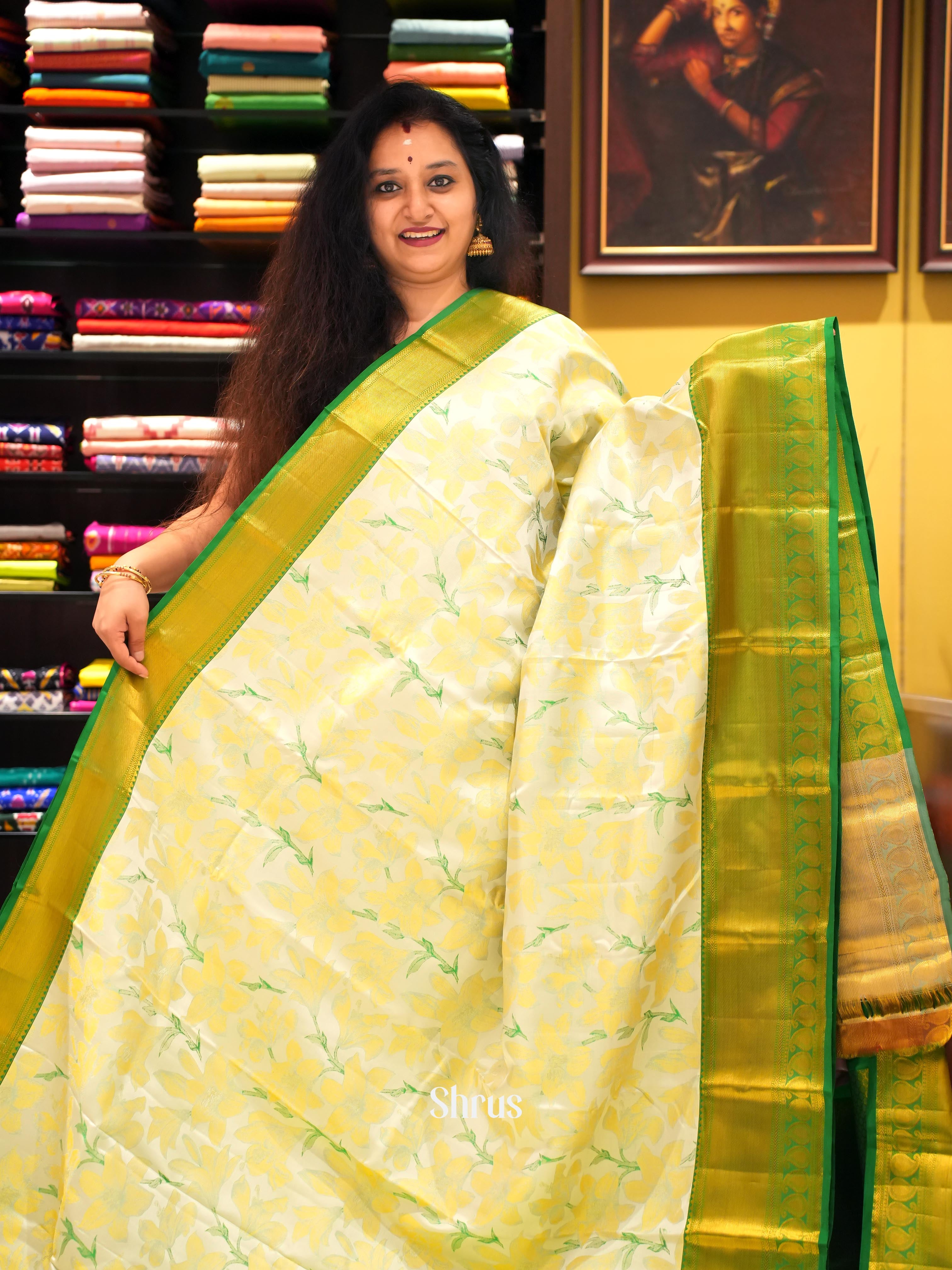 Cream & Green - Kanchipuram silk Saree