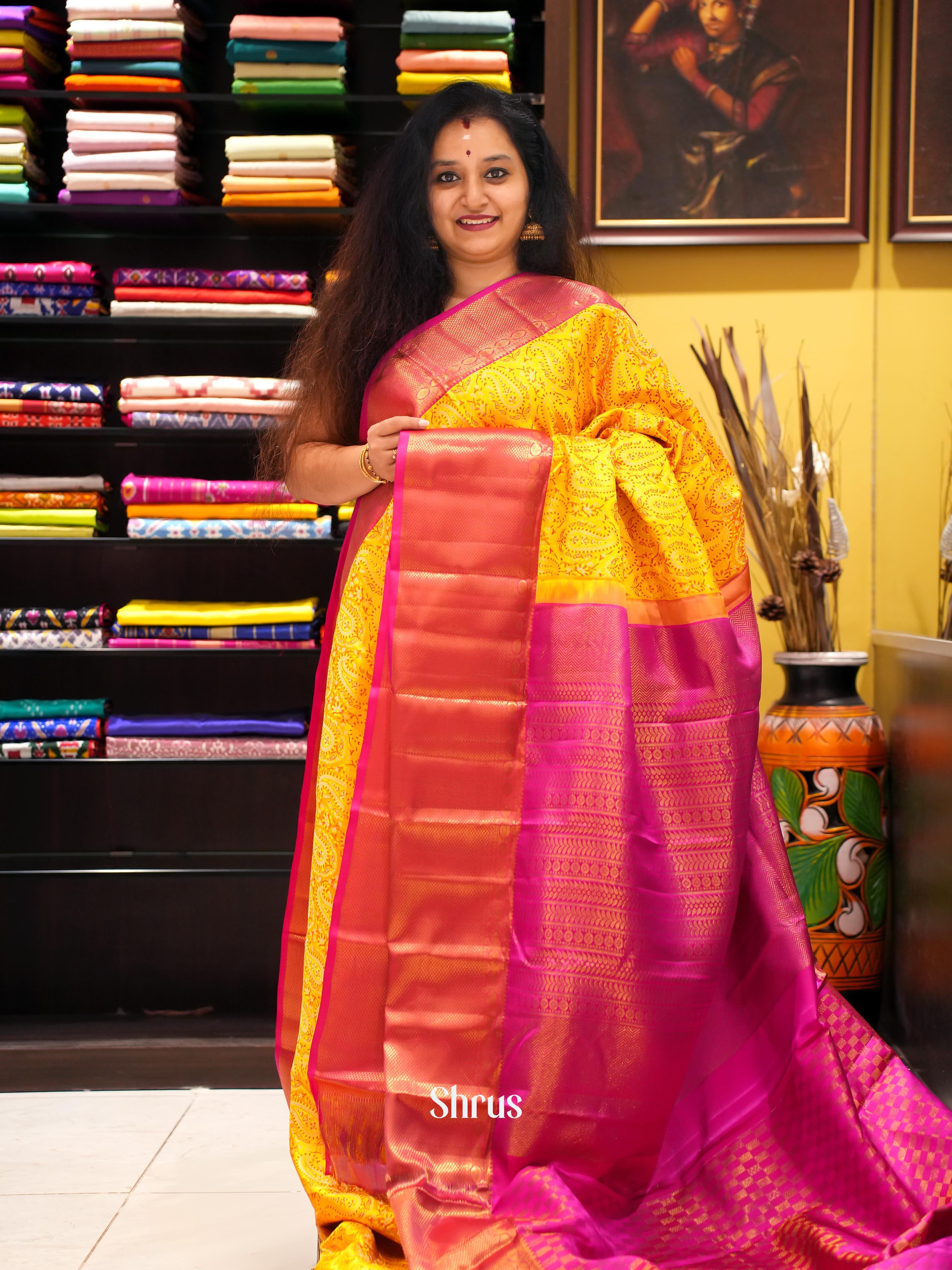 Yellow & Pink - Kanchipuram silk Saree