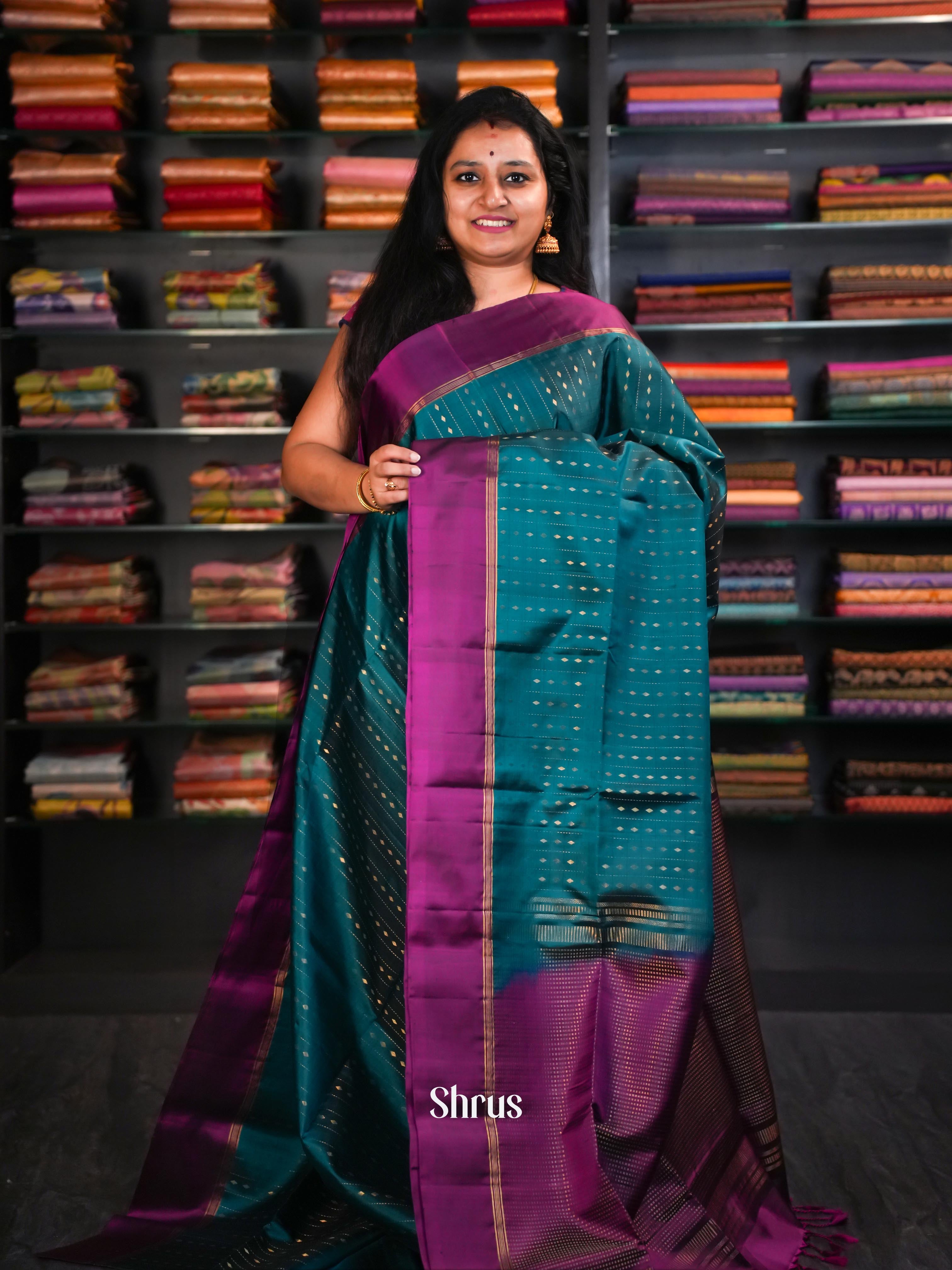 Bluish Green & Violet Red  - Soft Silk Saree