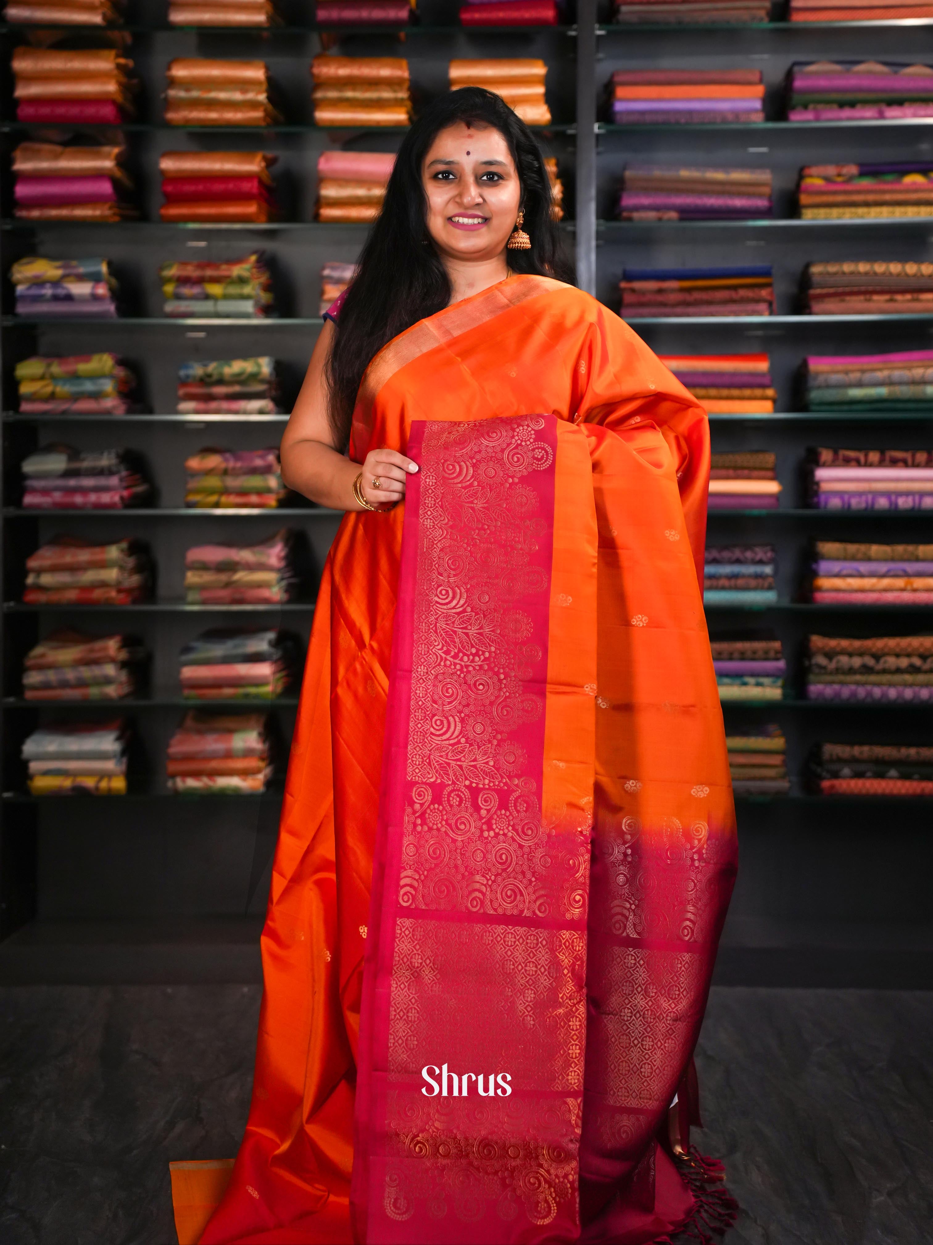 Golden Orange & Red  - Soft Silk Saree