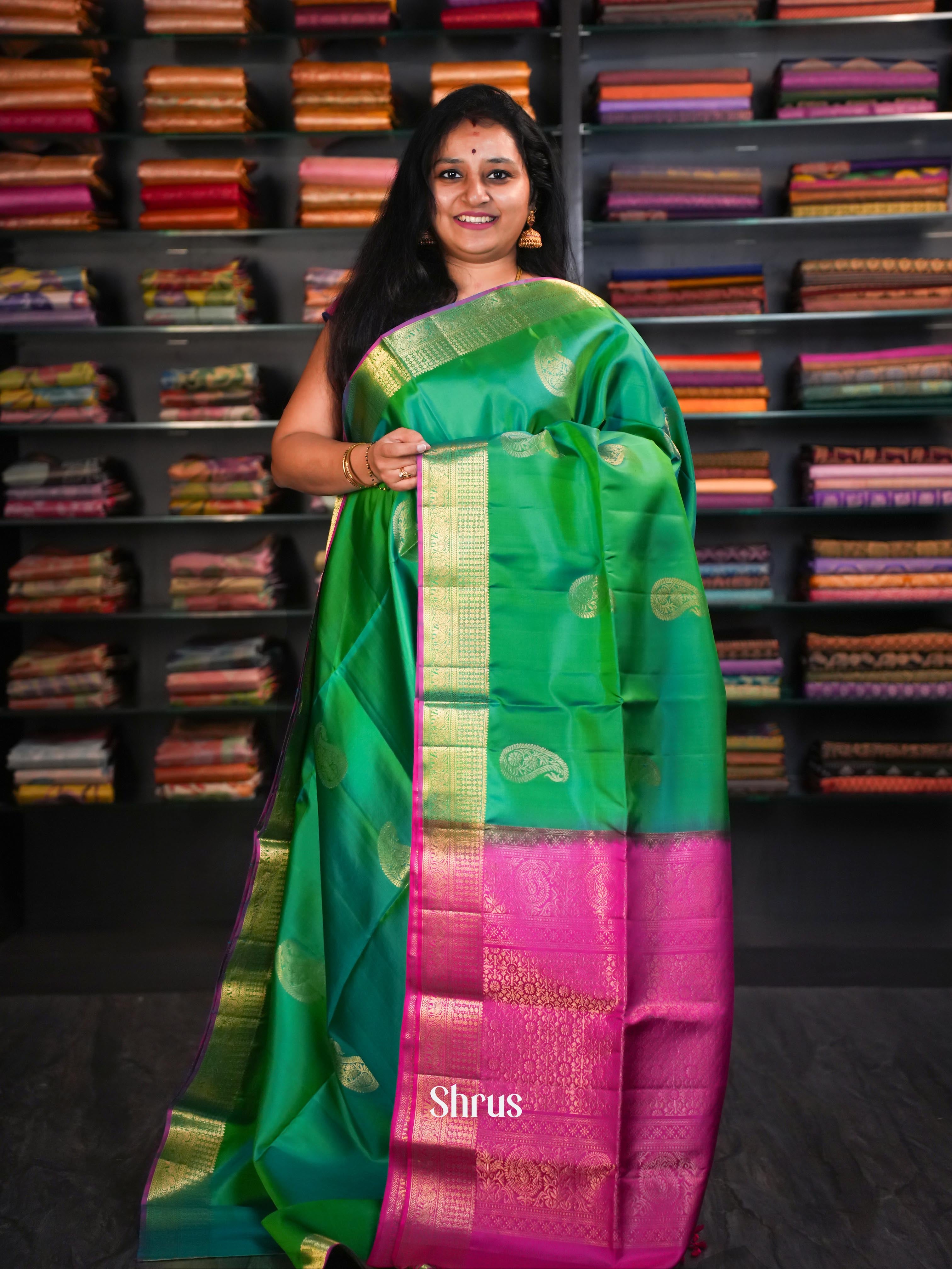 Double Shaded Green & Magenta Pink  - Soft Silk Saree