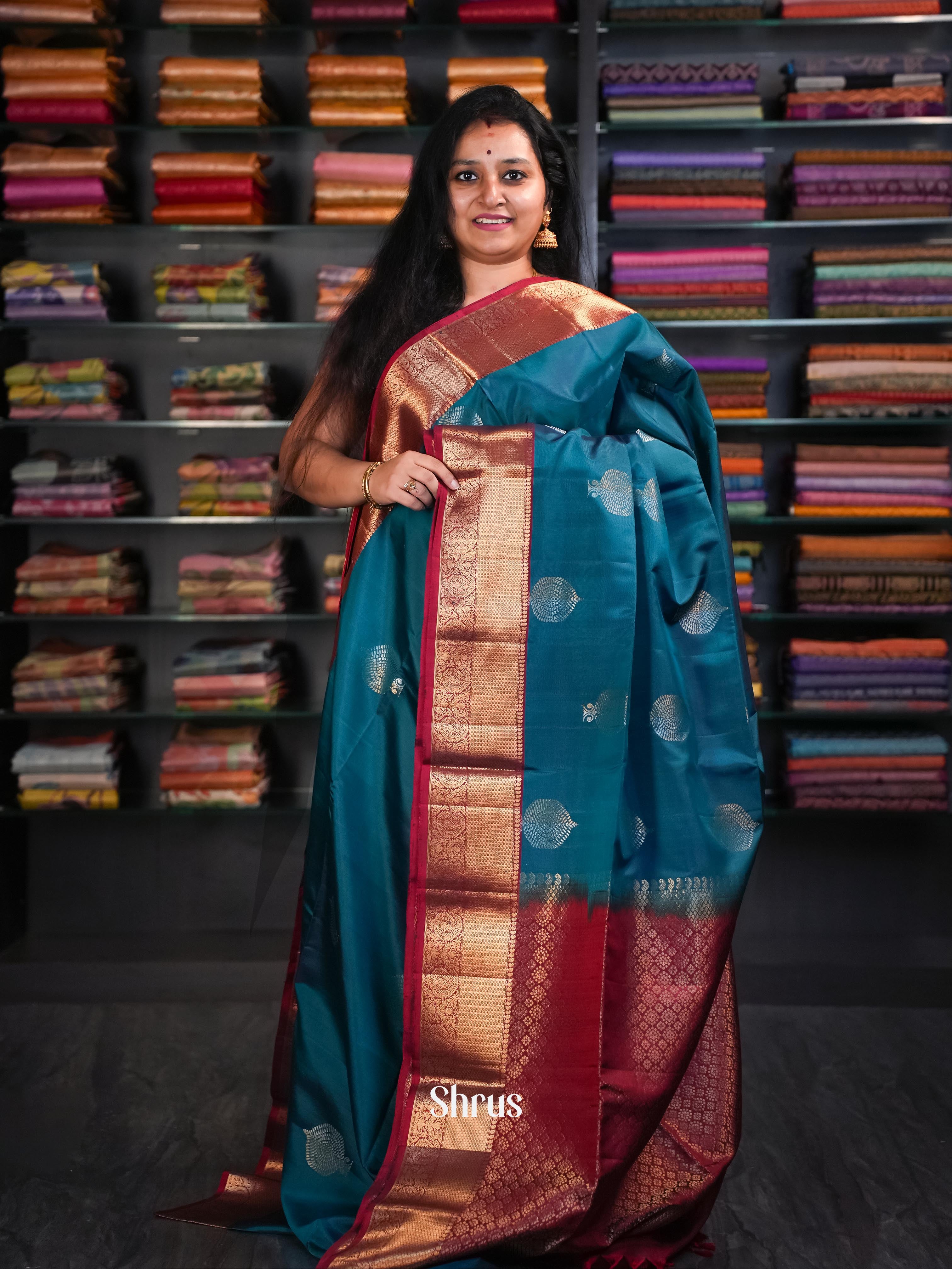 Dark Cyan & Red - Soft Silk Saree