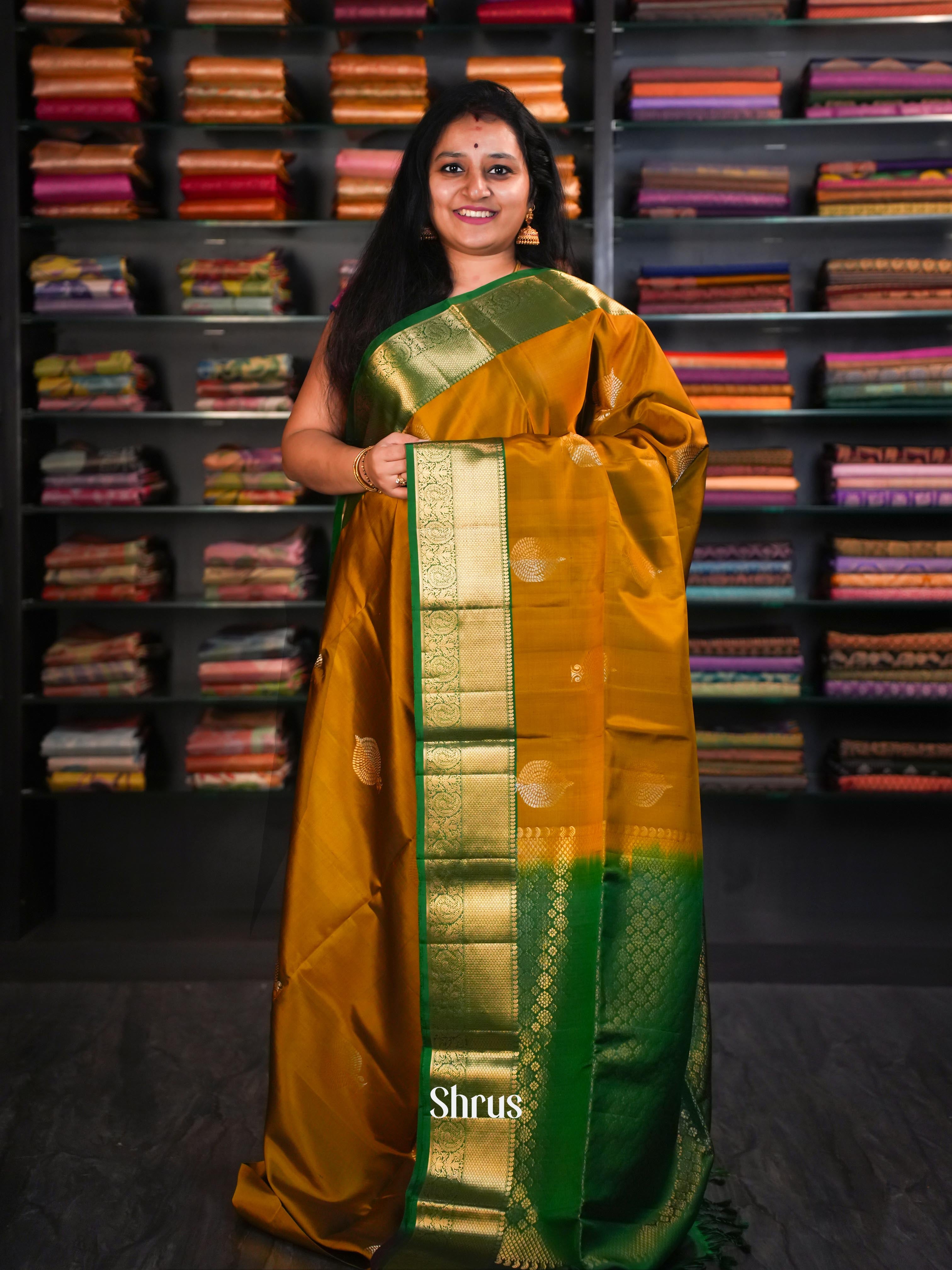 Golden Brown & Dark Green  - Soft Silk Saree