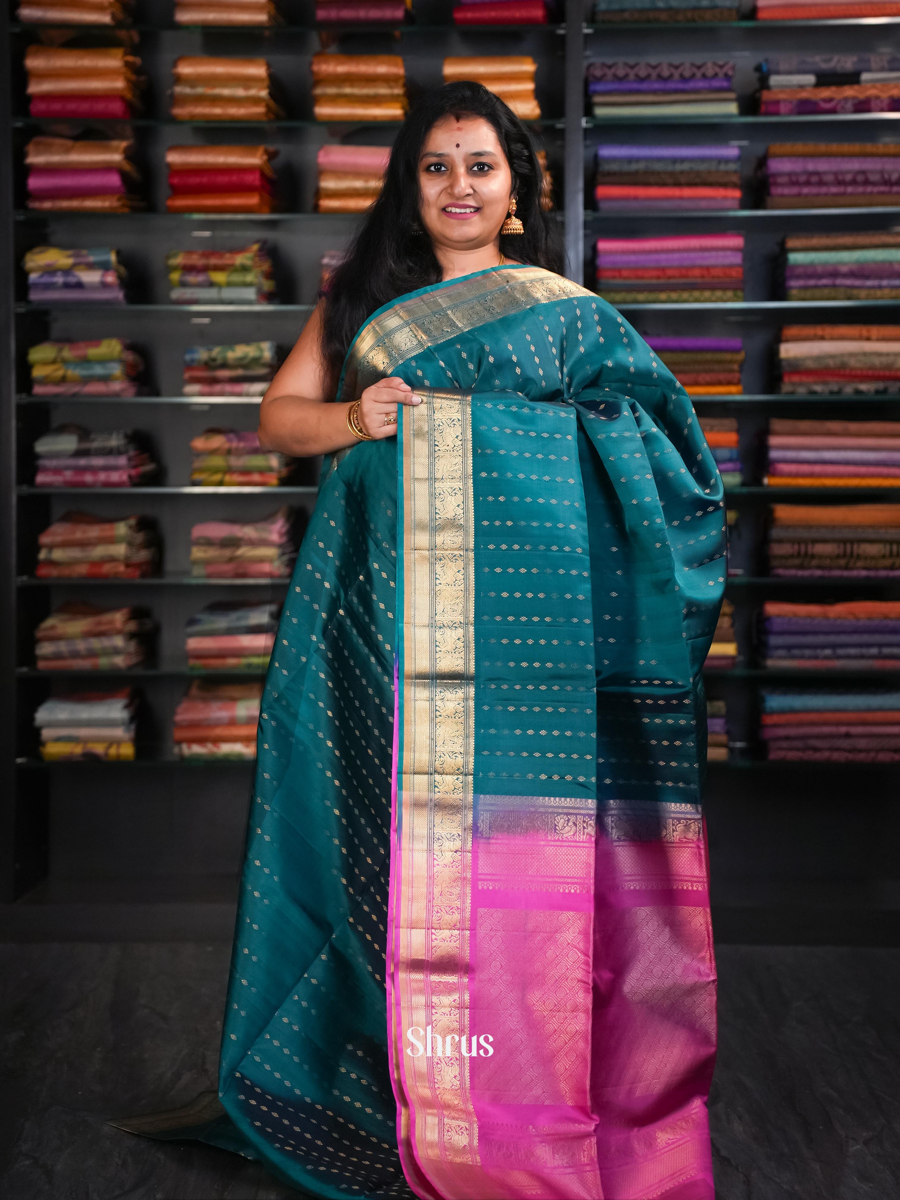 Peacock Green & Pink  - Soft Silk Saree