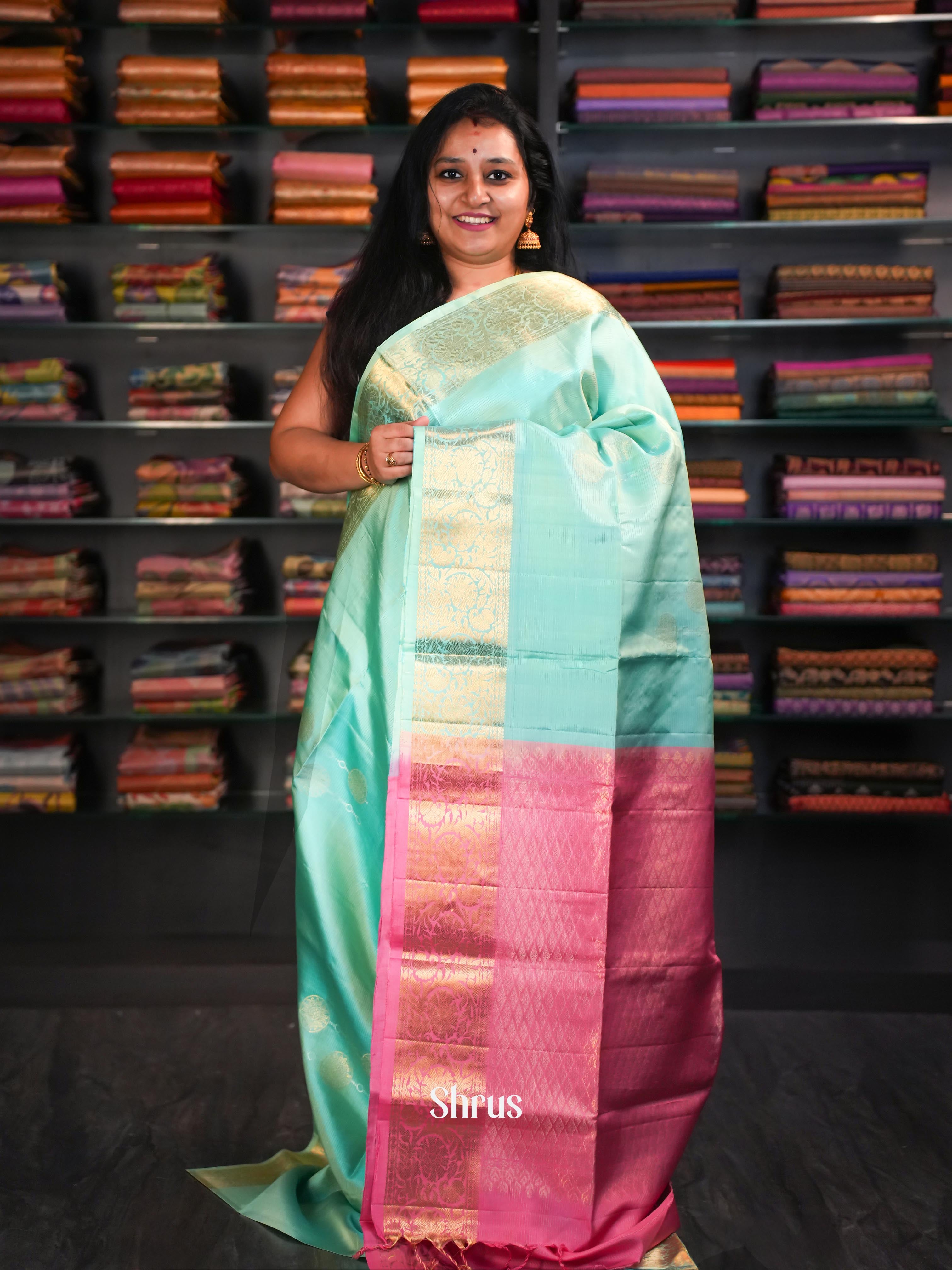 Aqua Green & Pink  - Soft Silk Saree