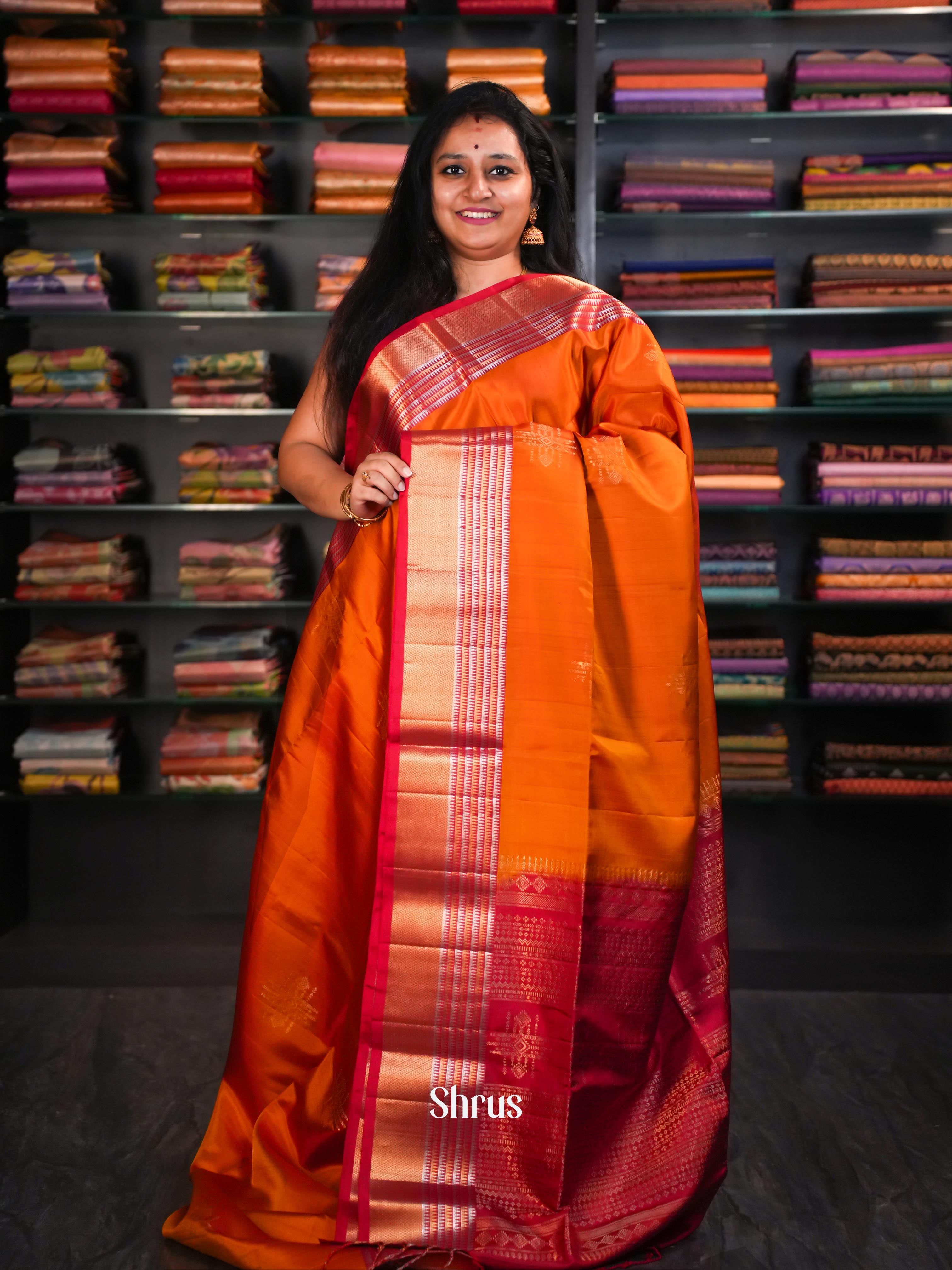 Orange Brown & Red  - Soft Silk Saree