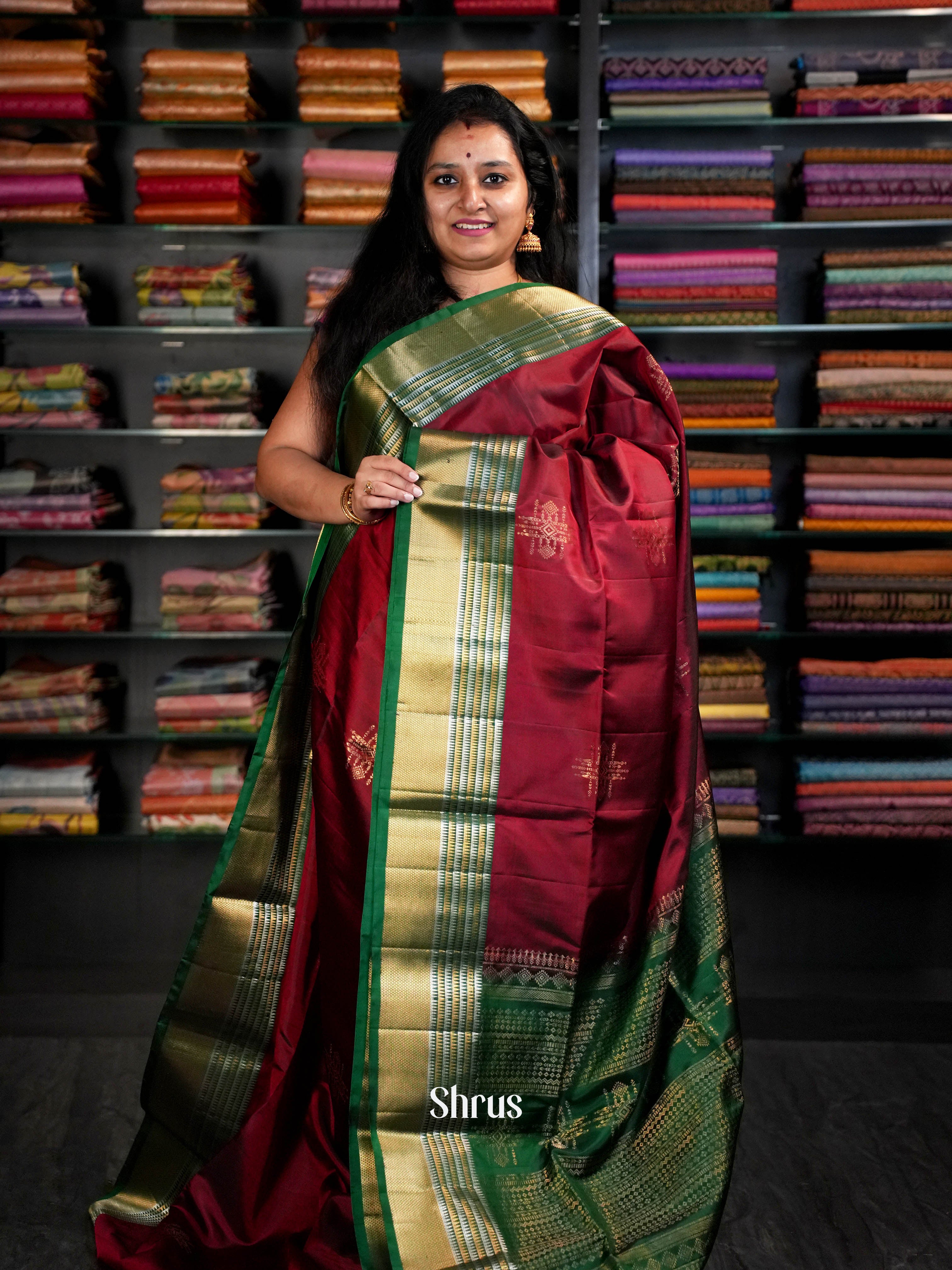 Maroon & Green -Kanchi  Border Soft Silk Saree