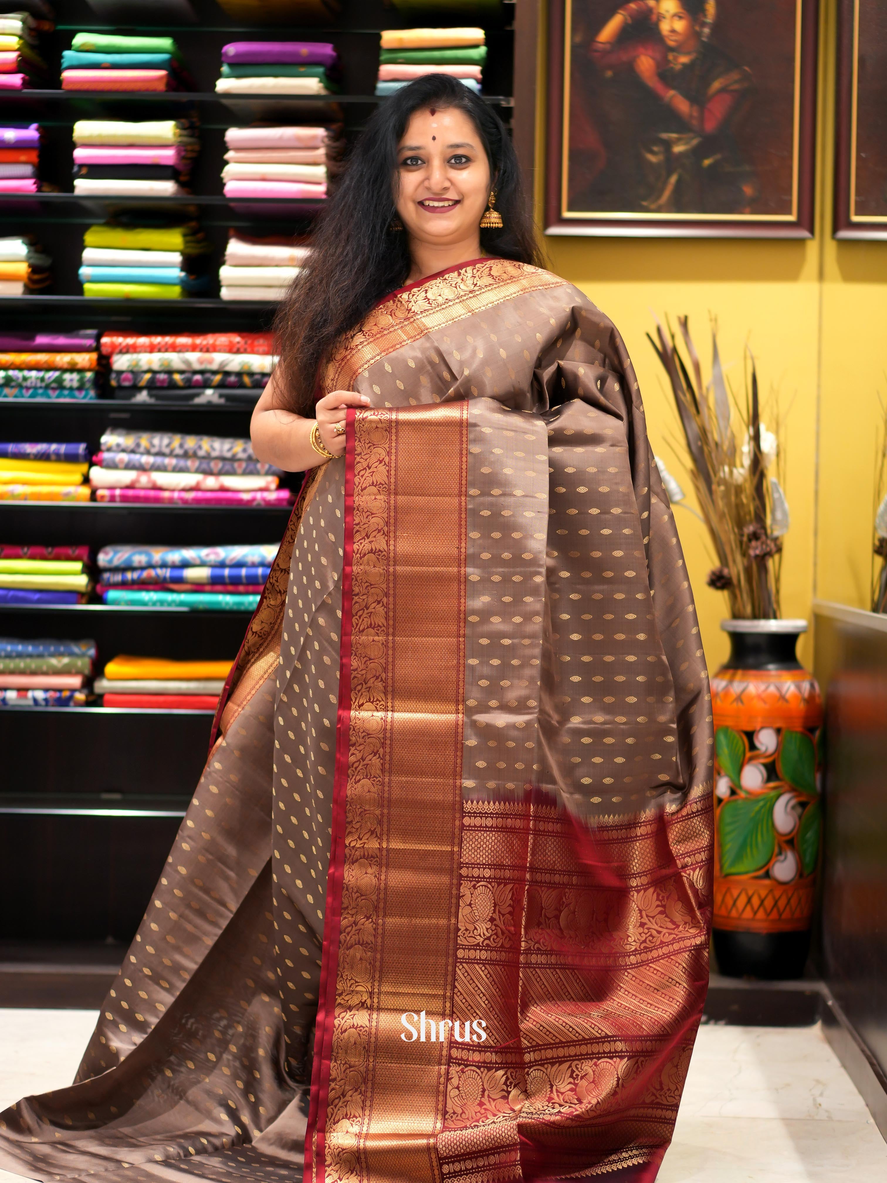 Grey & Maroon - Soft Silk Saree