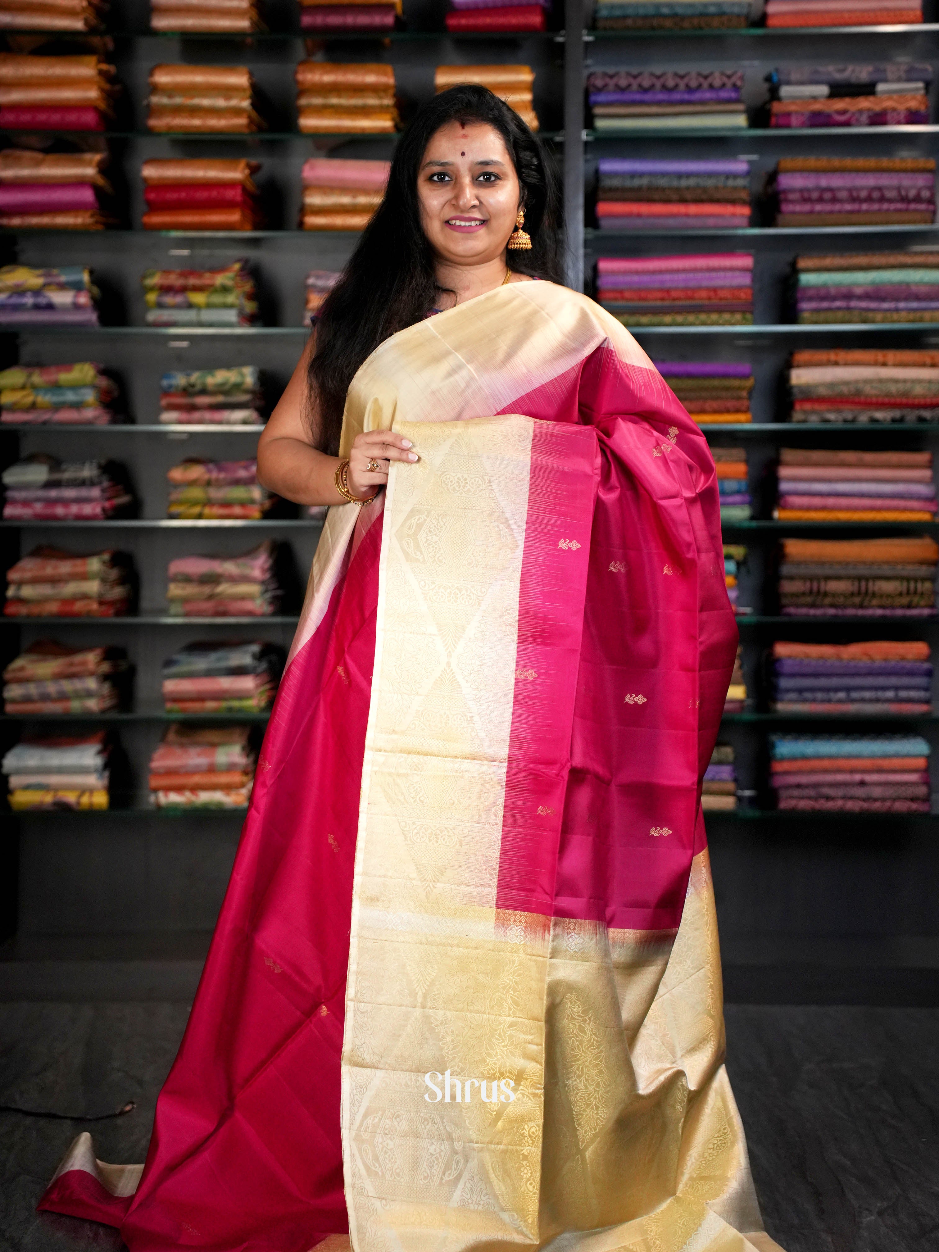 Cream & Rosy Red  - Soft Silk Saree