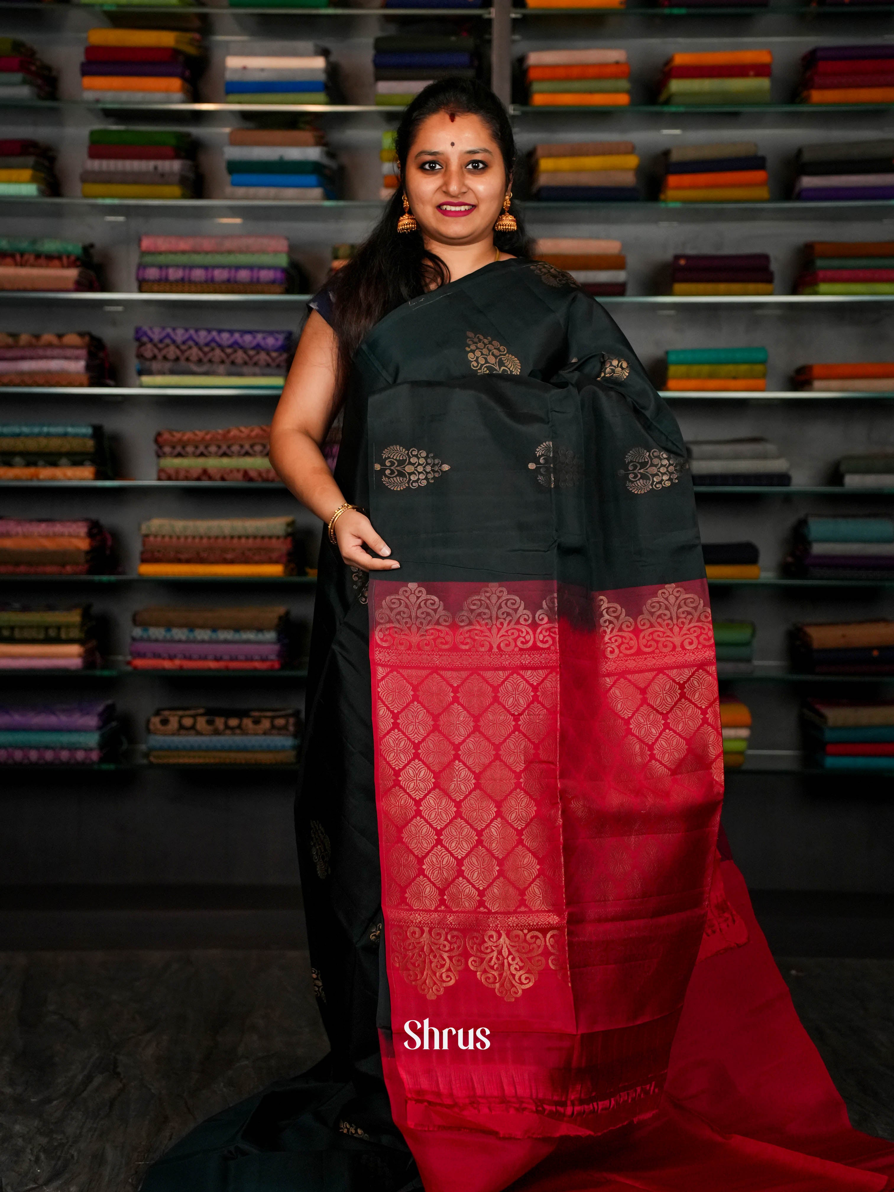 Dark Green & Red  - Softsilk-halfpure Saree