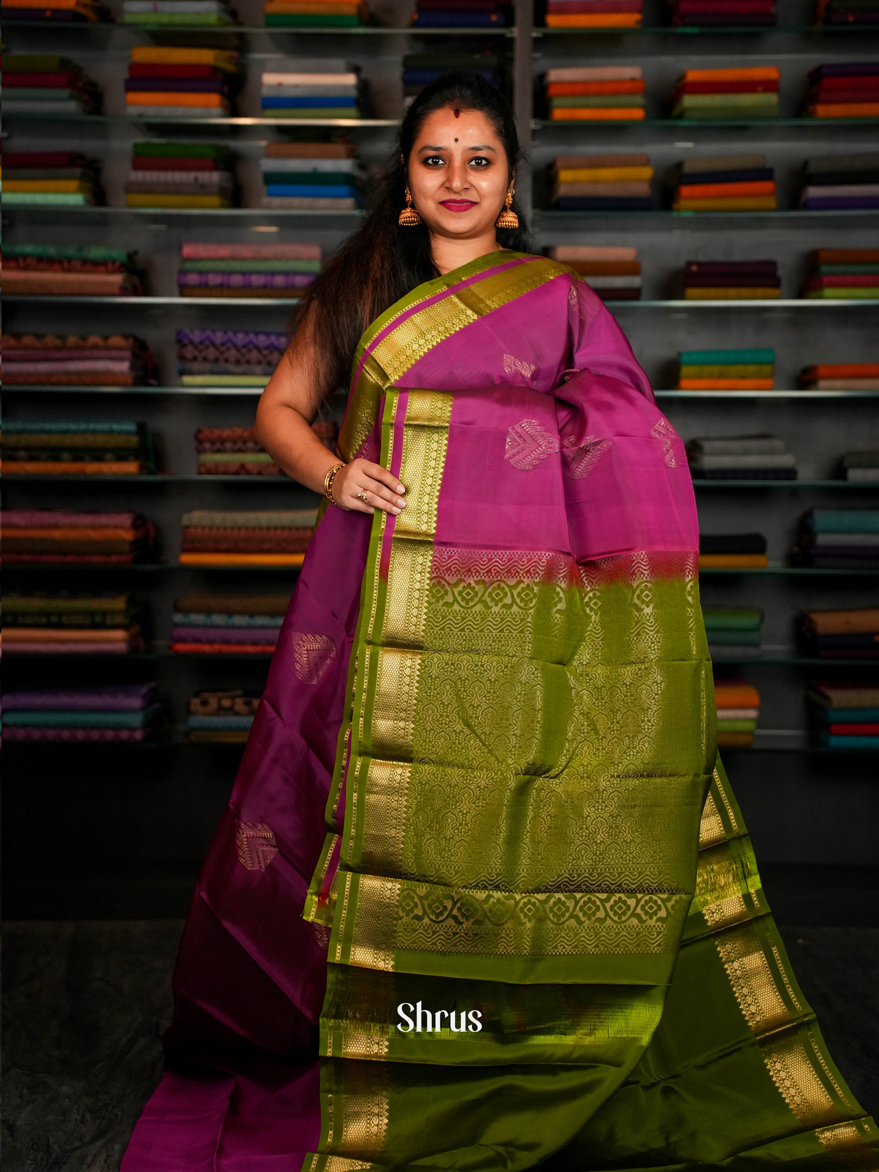 Violet Red & Olive Green  - Softsilk-halfpure Saree