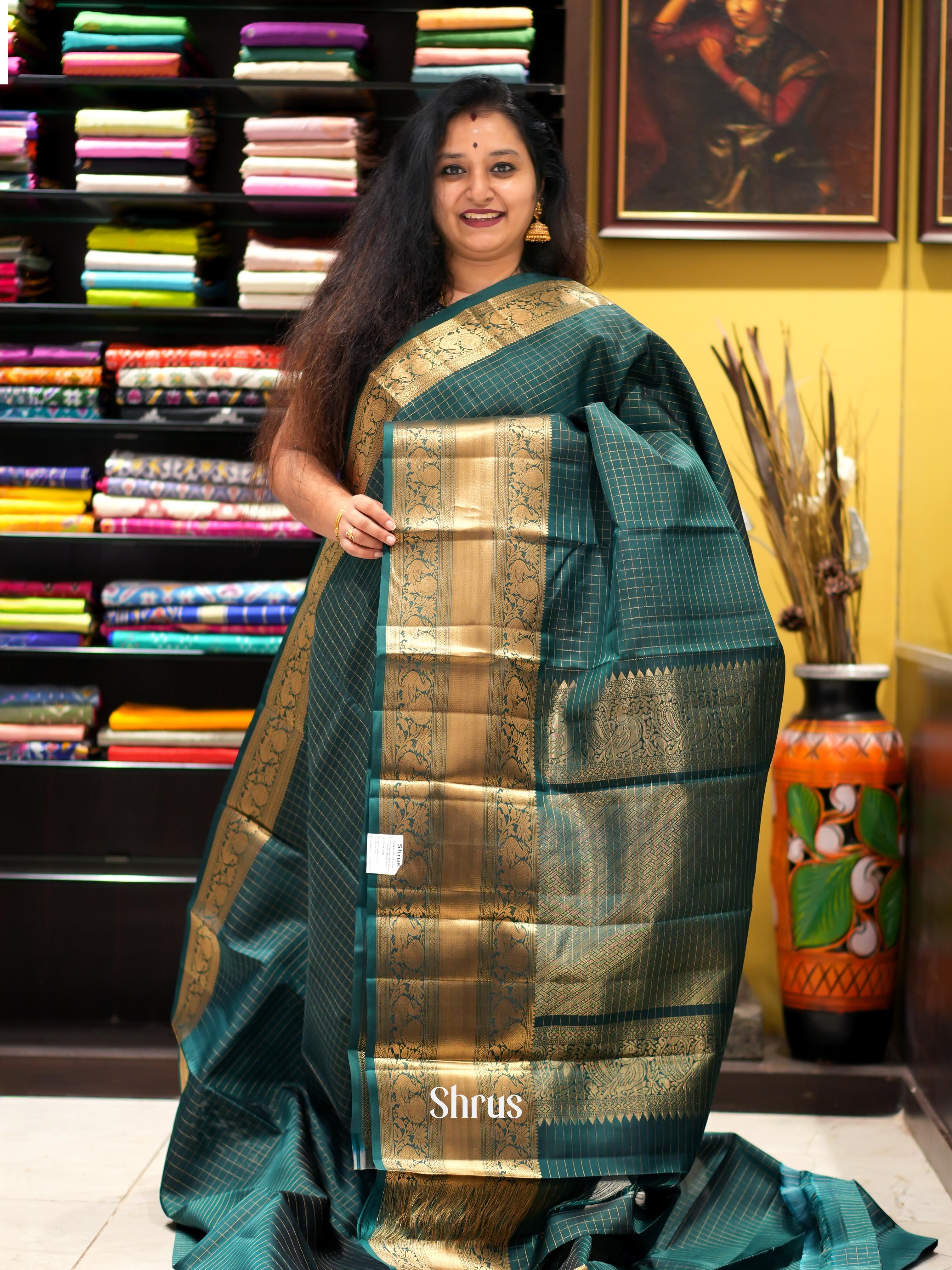 Dark Green(Single Tone)- Kanchi Border Soft Silk Saree