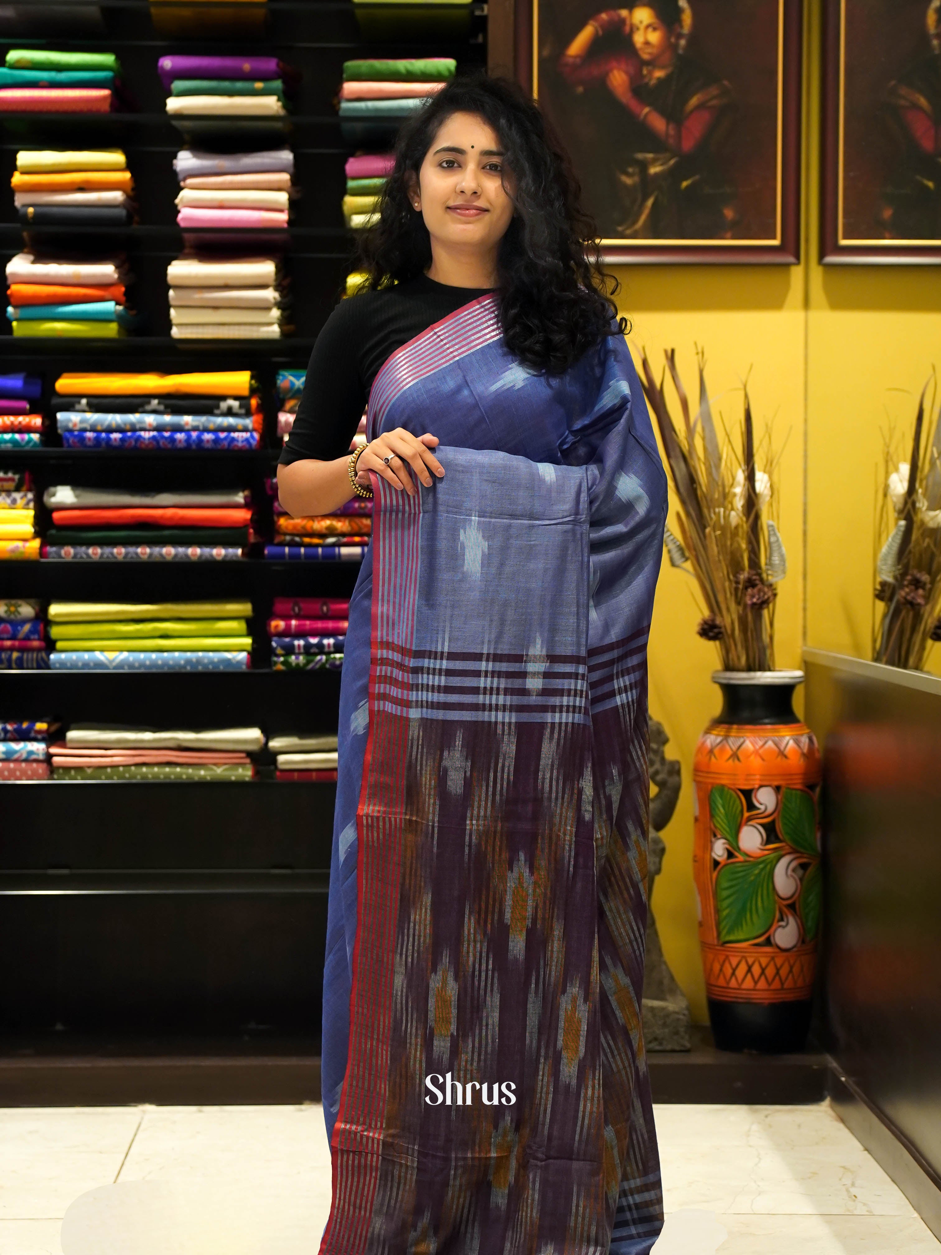 Blue & brown - Semi Ikkat saree