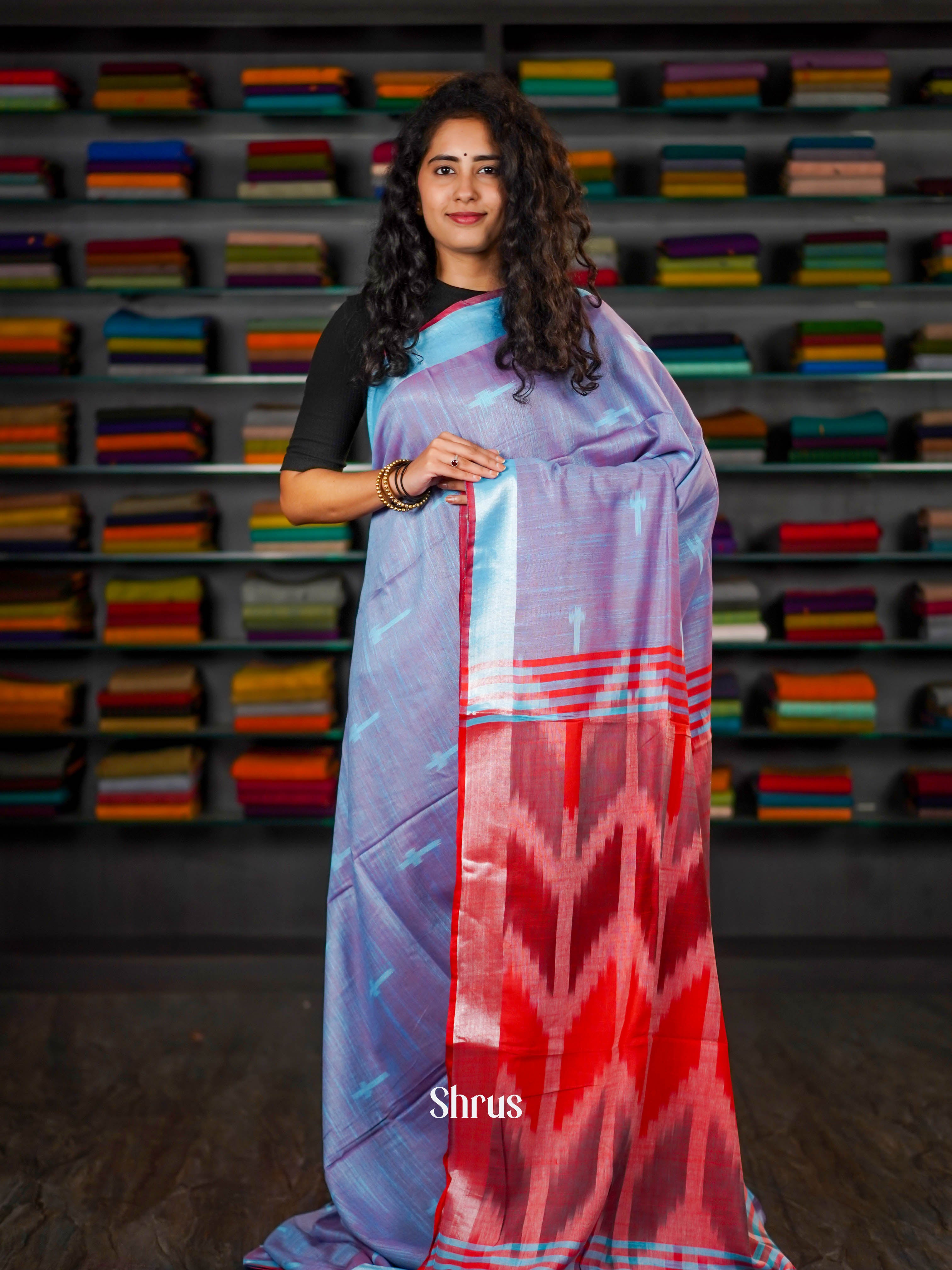 Blue & Red  - Semi Ikkat Saree