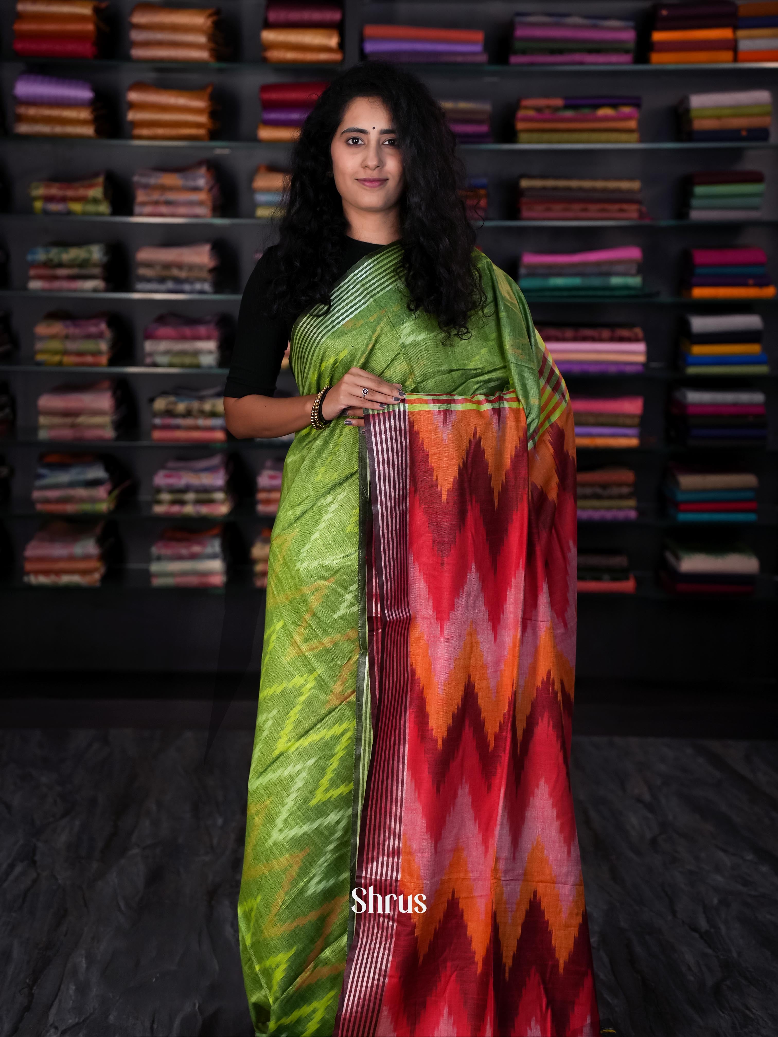 Green & Maroon - Semi Ikkat Saree