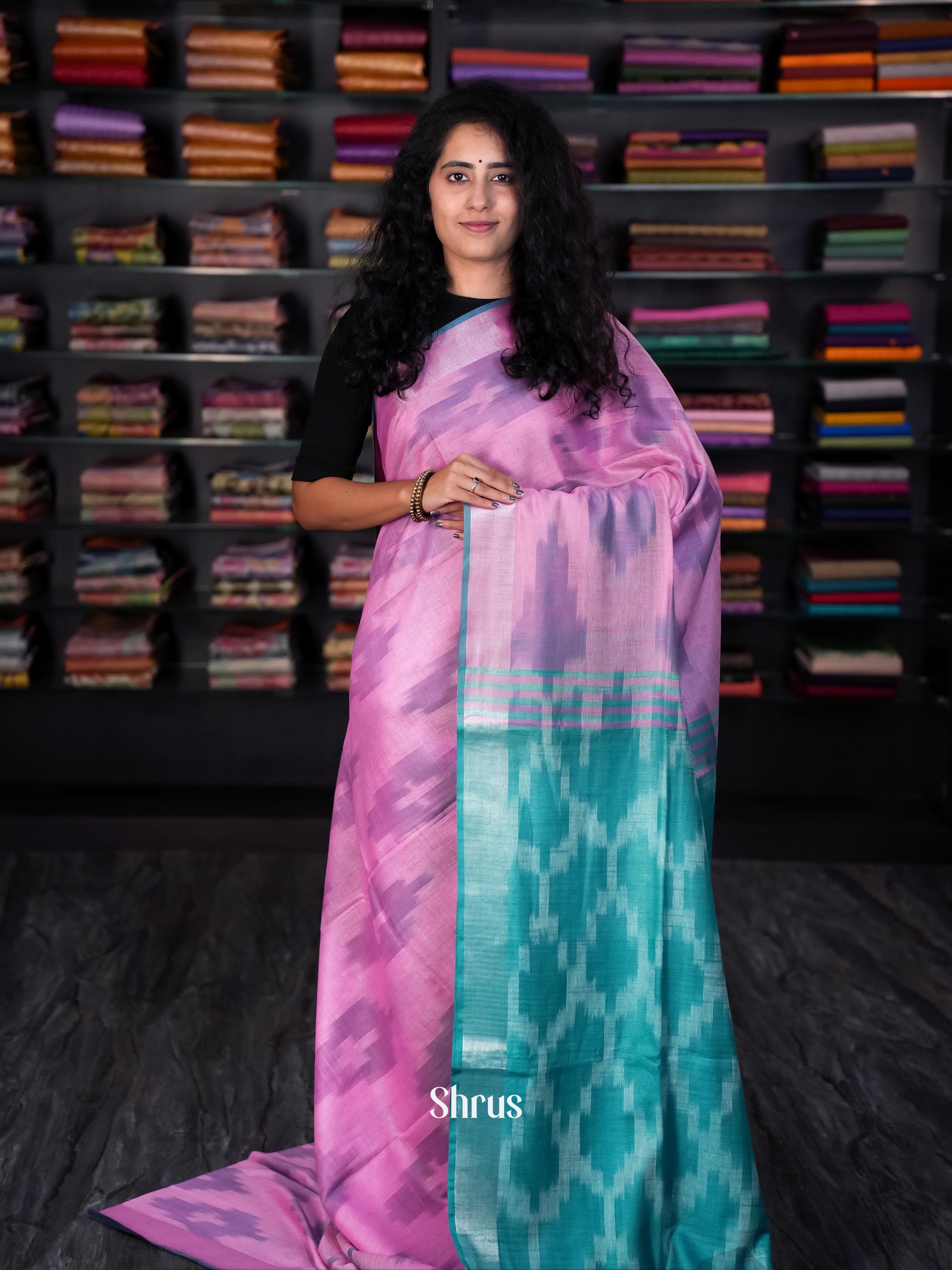 Pink & Teal - Semi Ikkat Saree