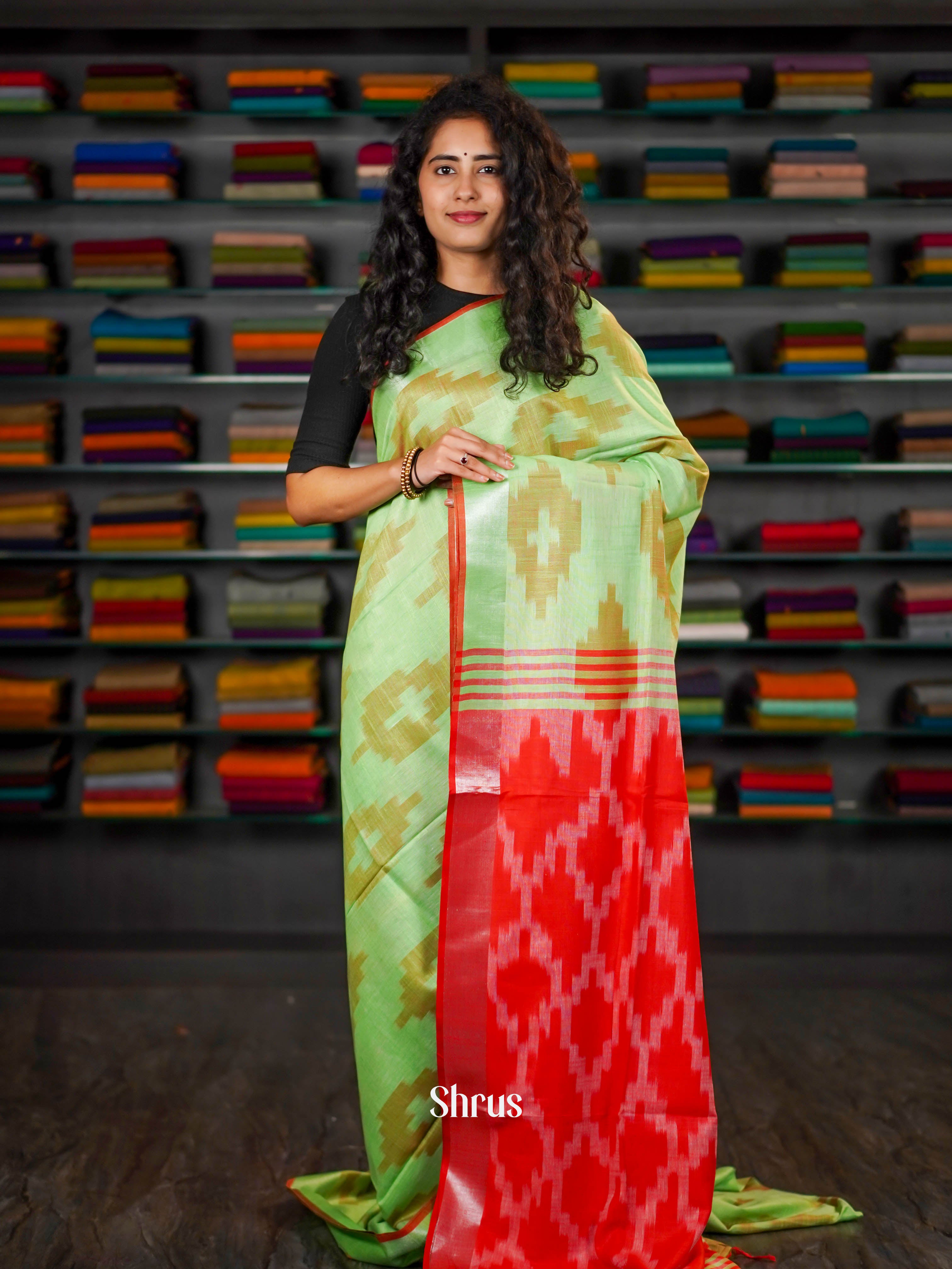 Green & Red  - Semi Ikkat Saree