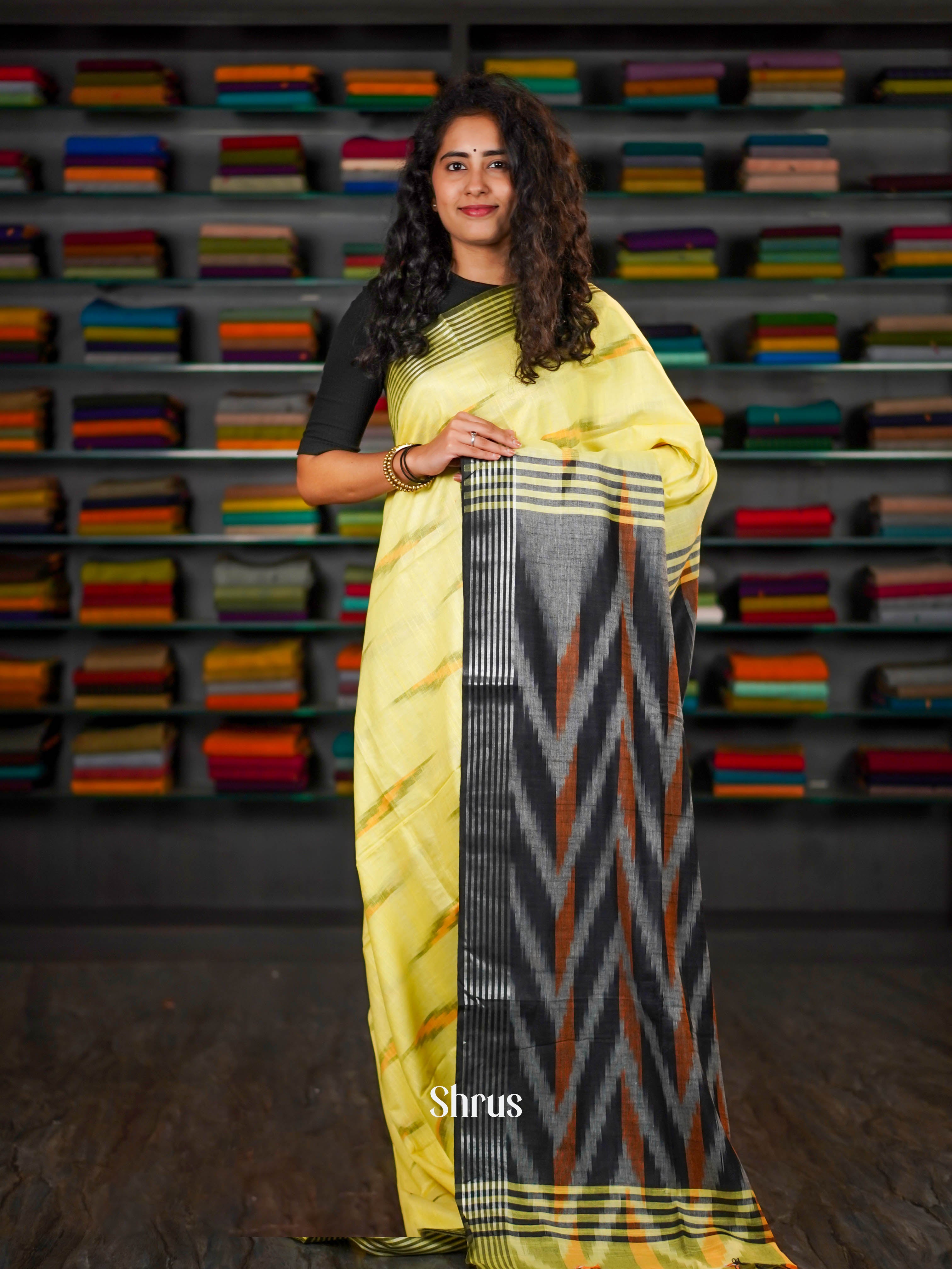 Yellow & Black  - Semi Ikkat Saree