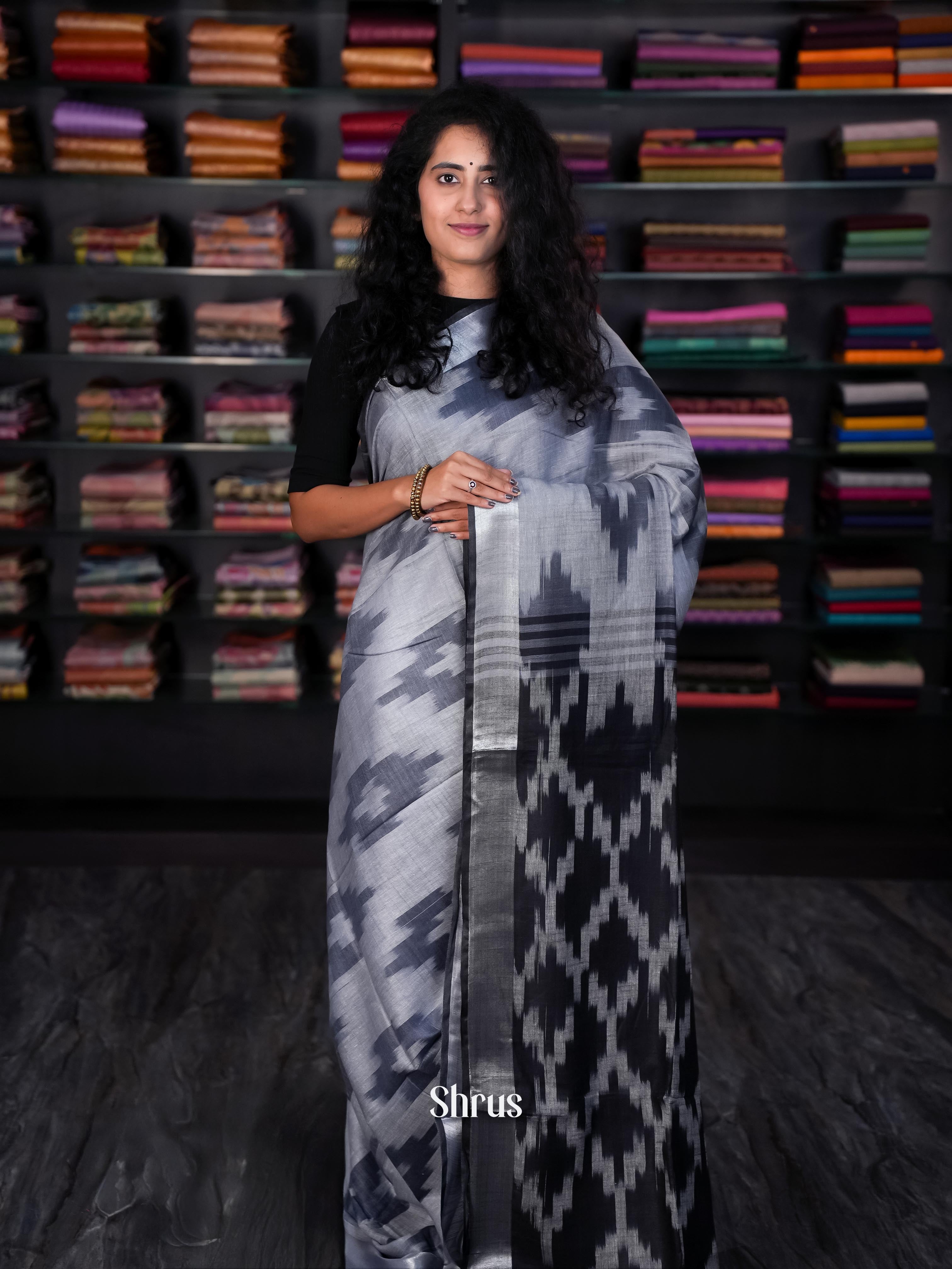 Grey & Black - Semi Ikkat Saree