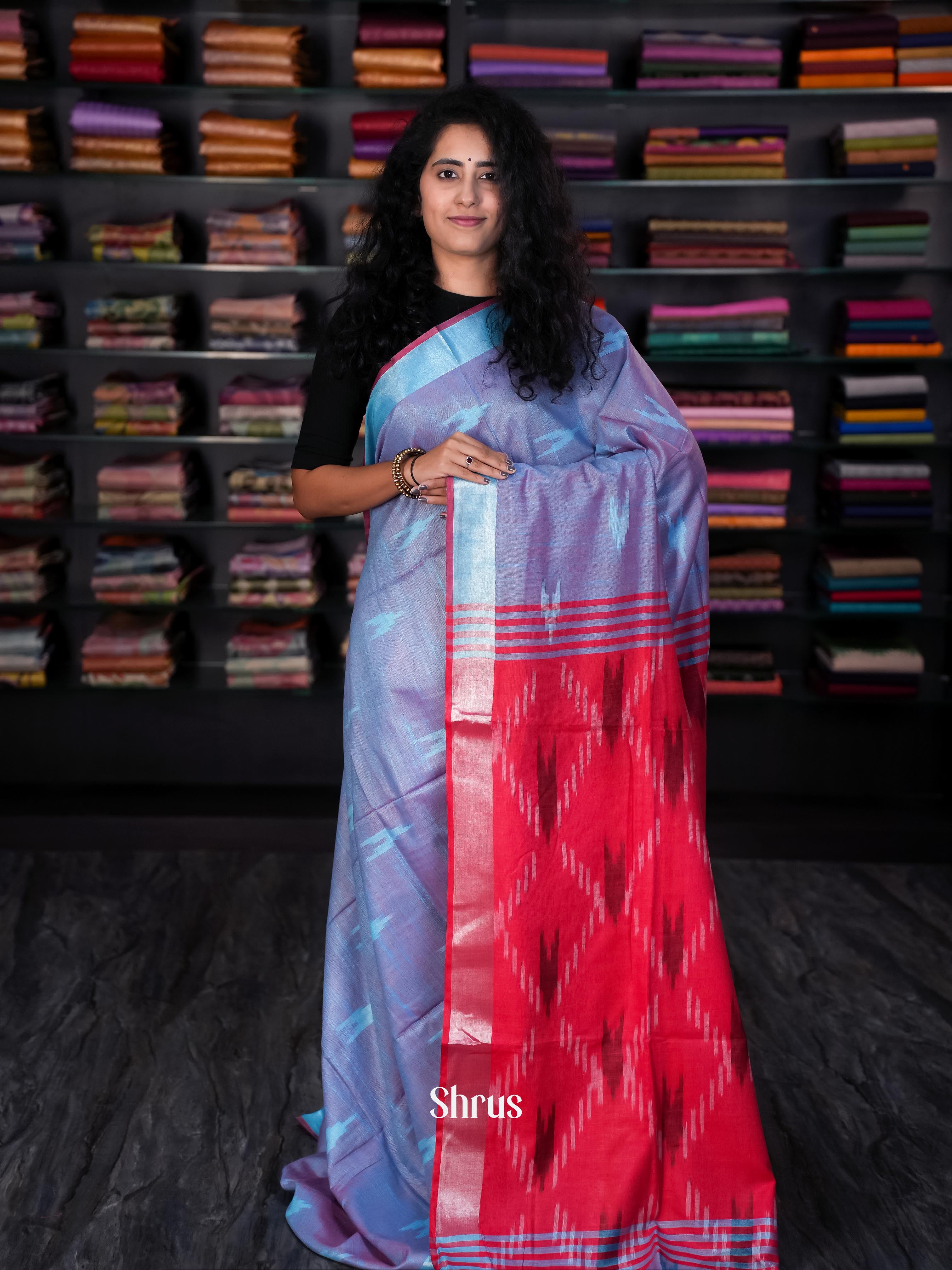 Blue & Red - Semi Ikkat Saree