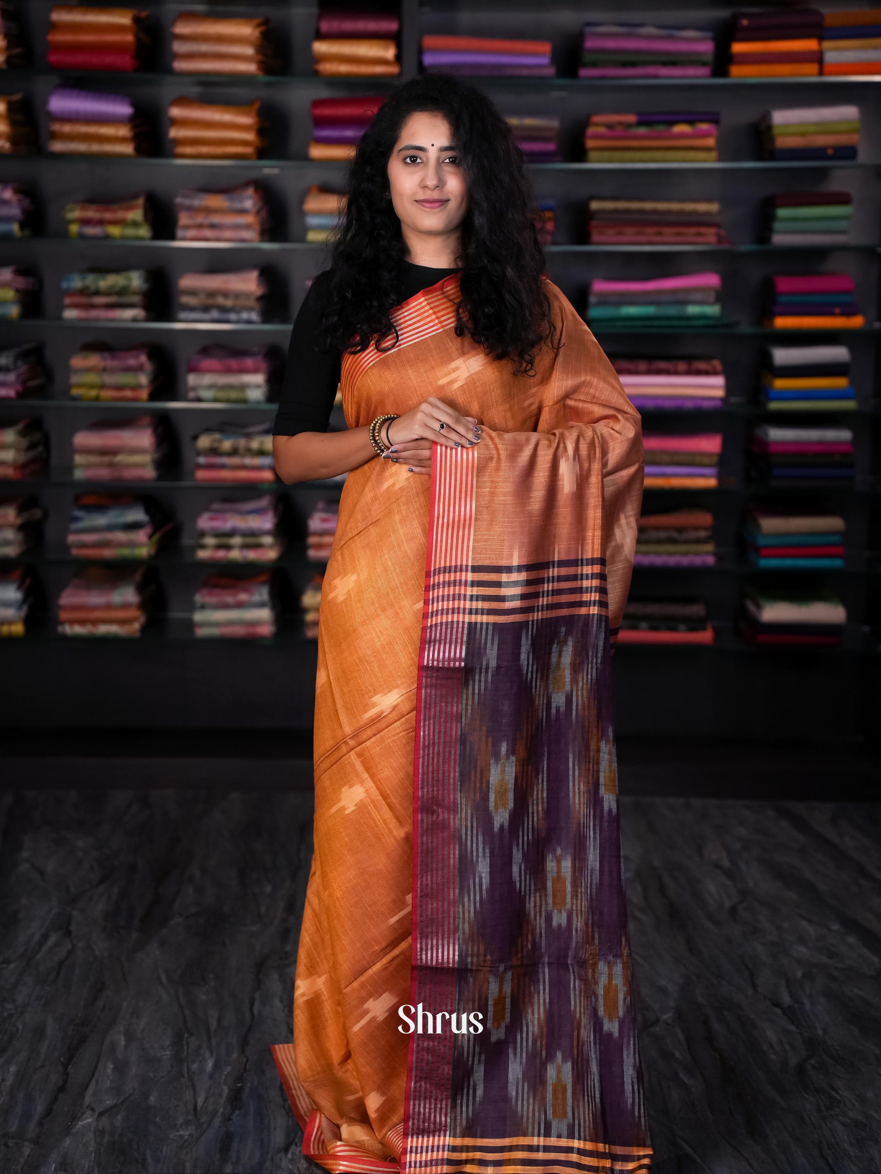 Brown & Purple - Semi Ikkat Saree