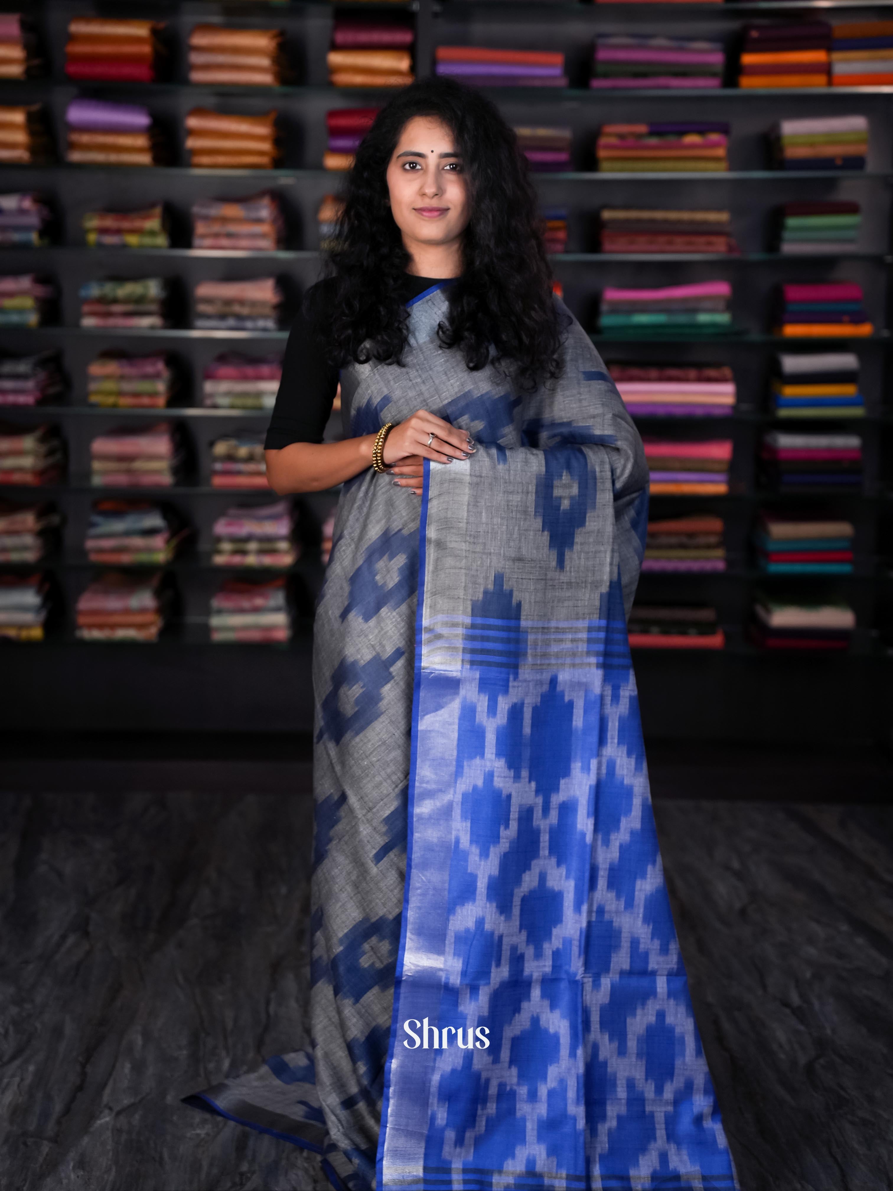 Grey & Blue - Semi Ikkat Saree